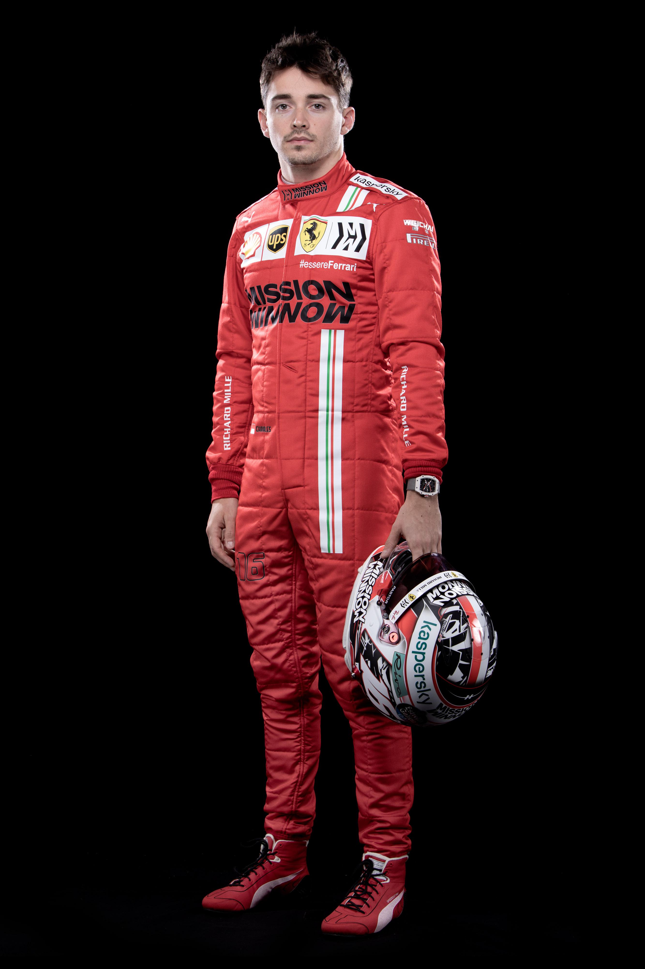 charles leclerc in new Ferrari race suit and new helmet formula1