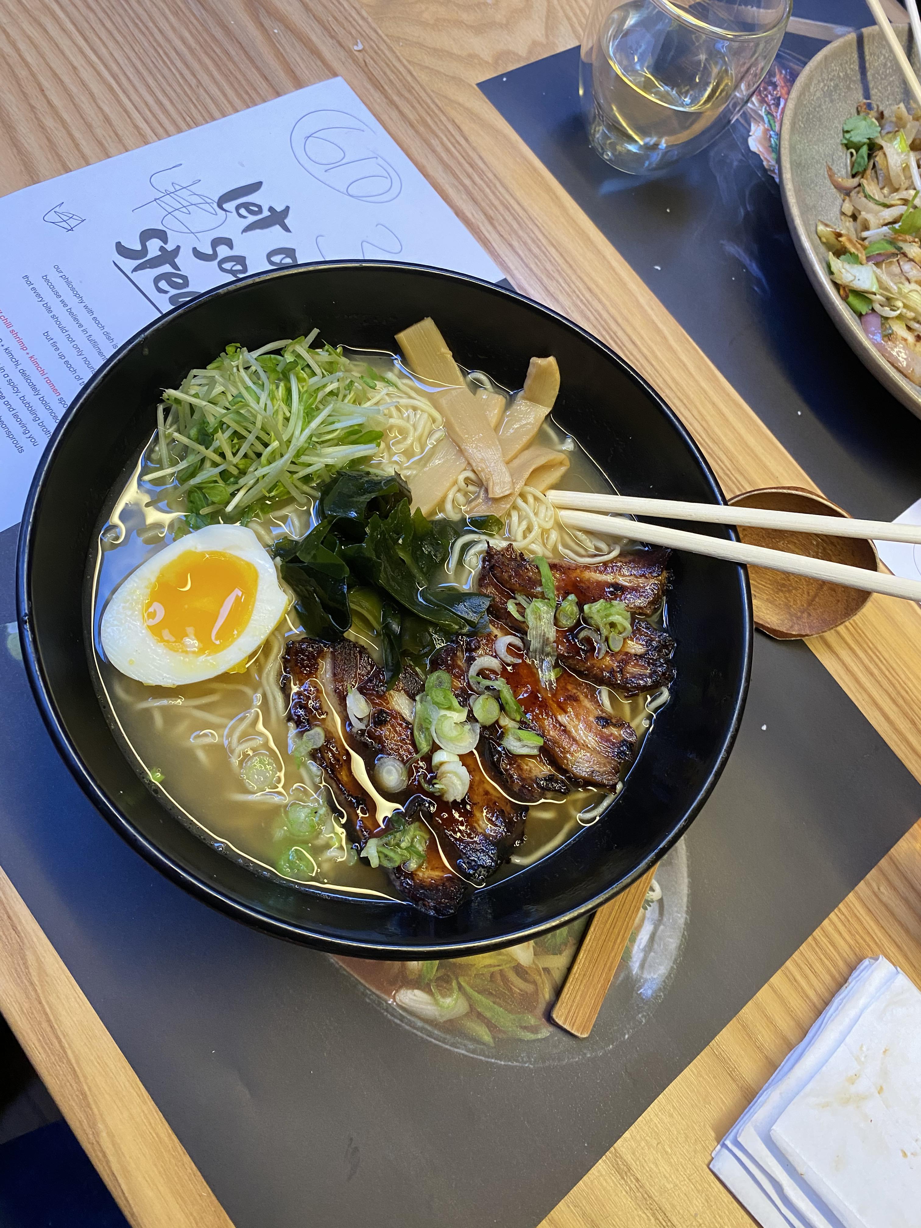 Shirodashi pork ramen with miso and half a tea egg, Wagamama in NYC