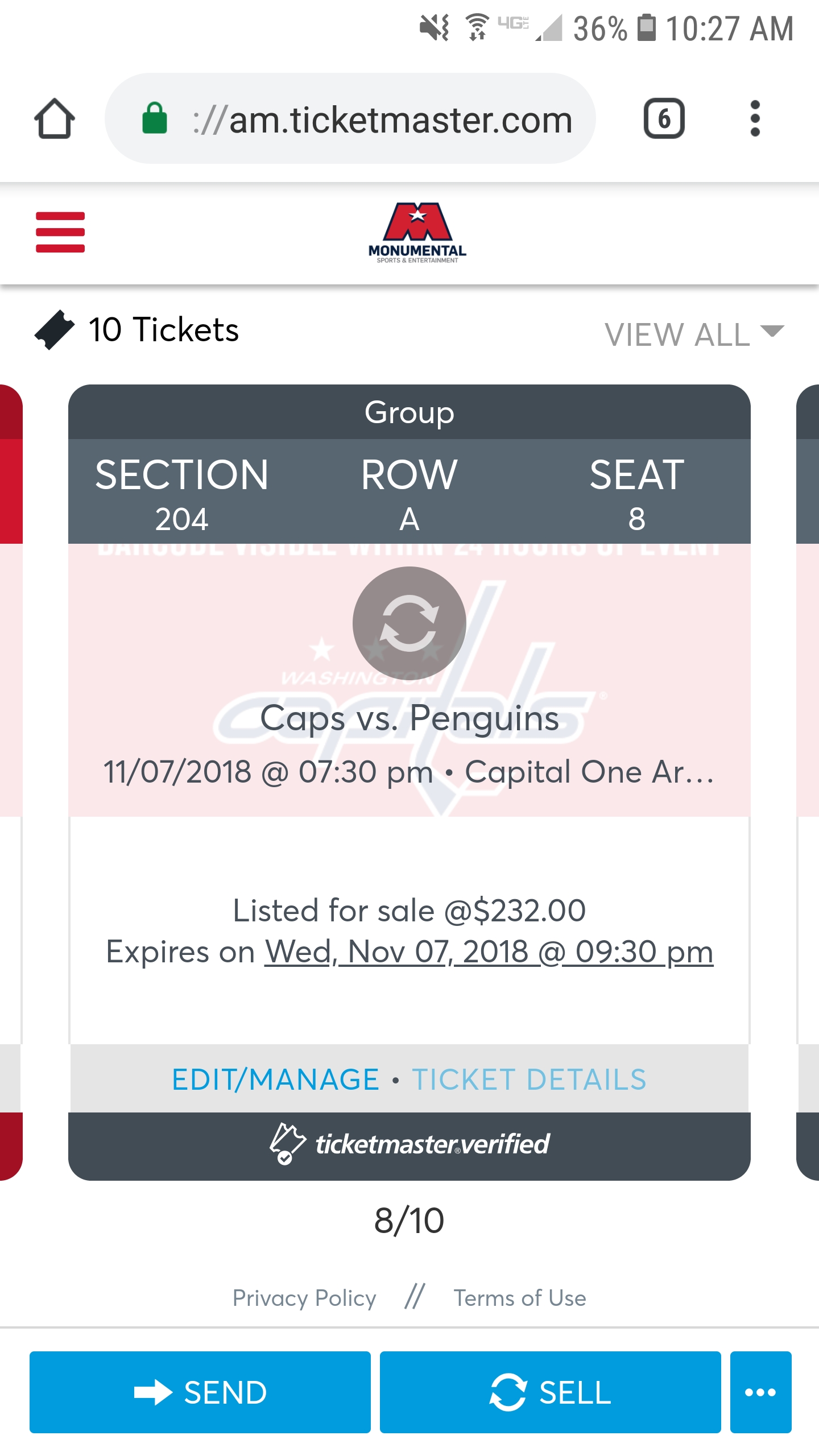 Washington Capitals tickets for sale. 3 tickets section 204 row A. Caps