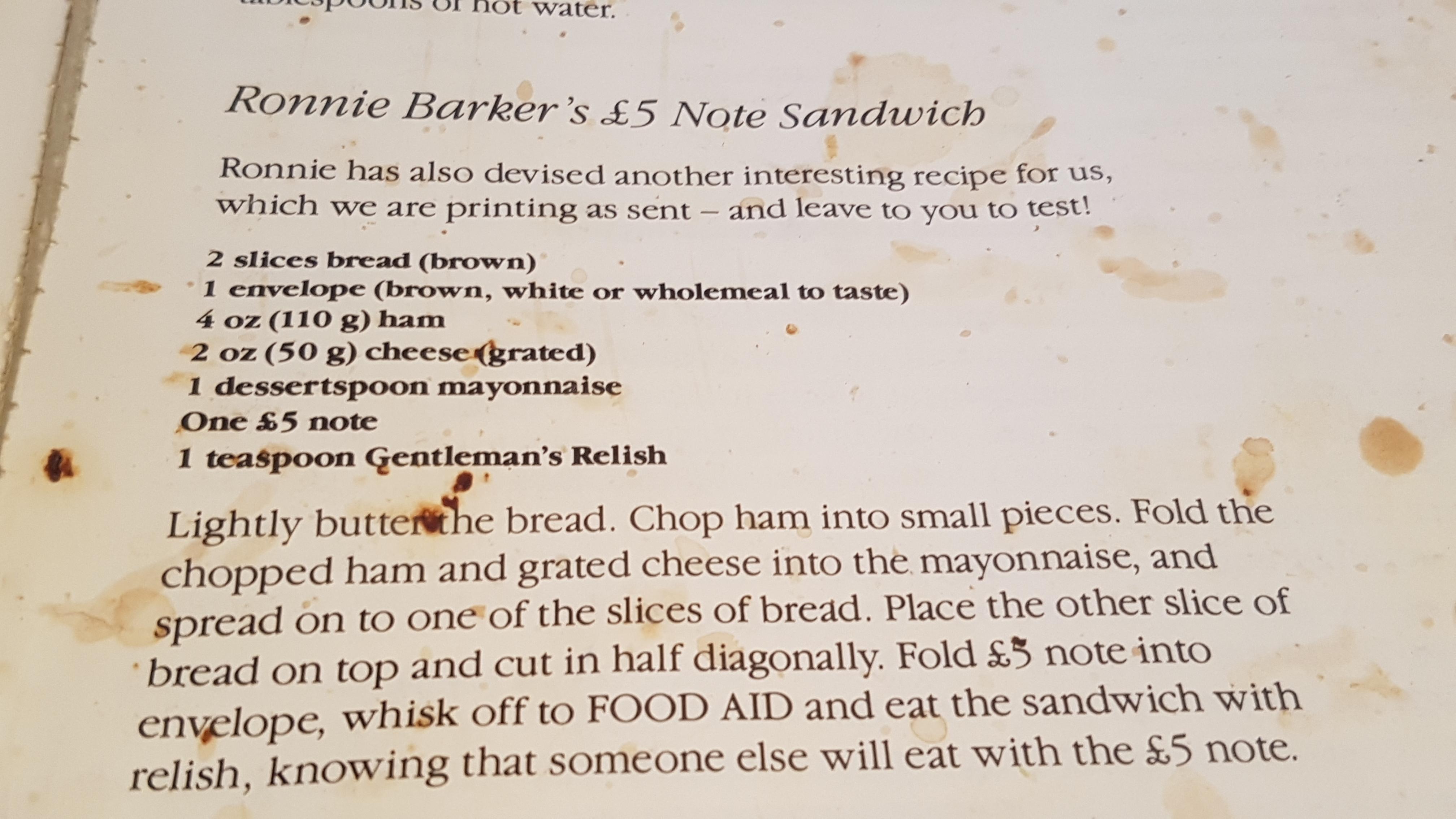 Ronnie Barker's £5 Note Sandwich from The Food Aid Cookery Book, 1986