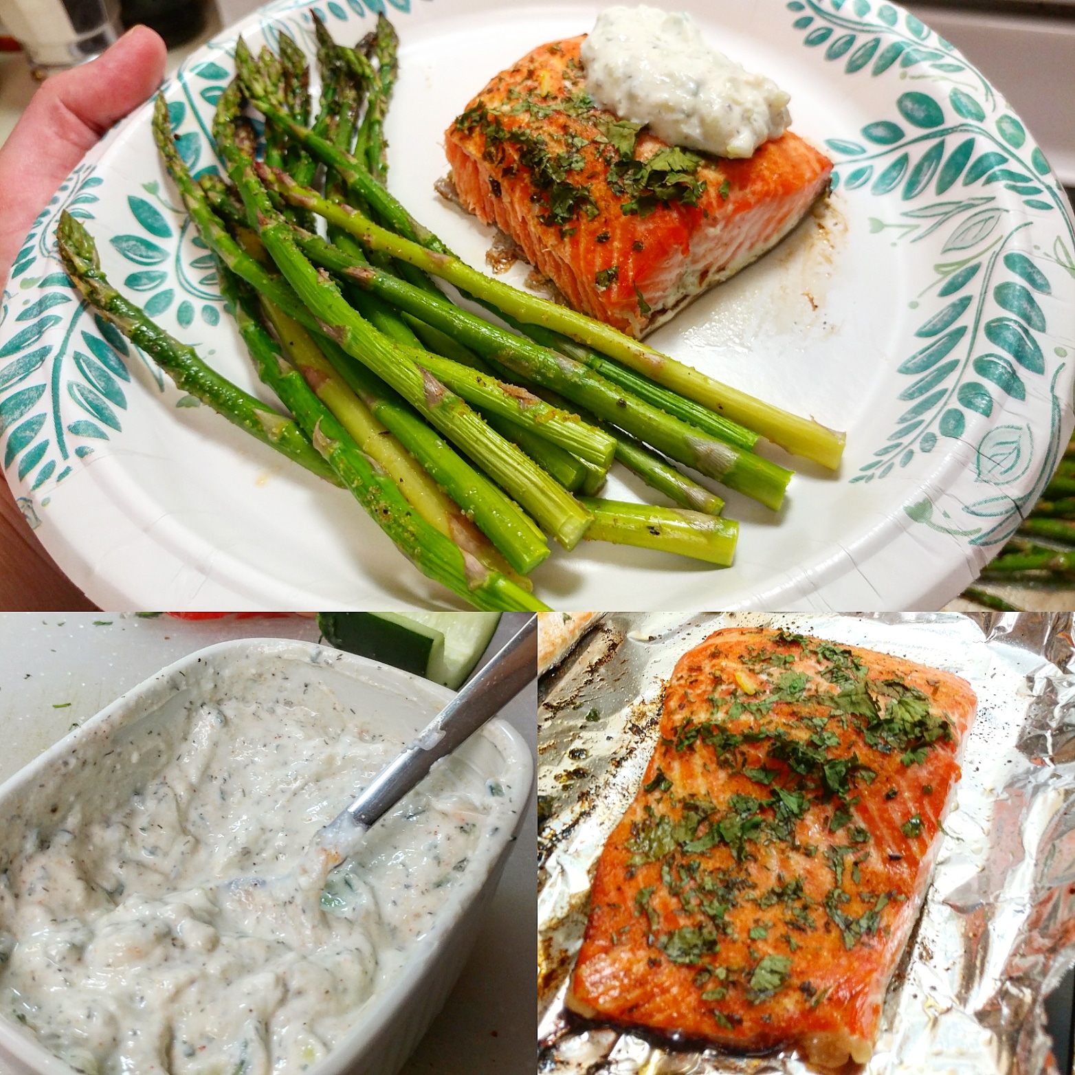 Cilantro, lemon and garlic salmon with home made Tzaziki sauce and