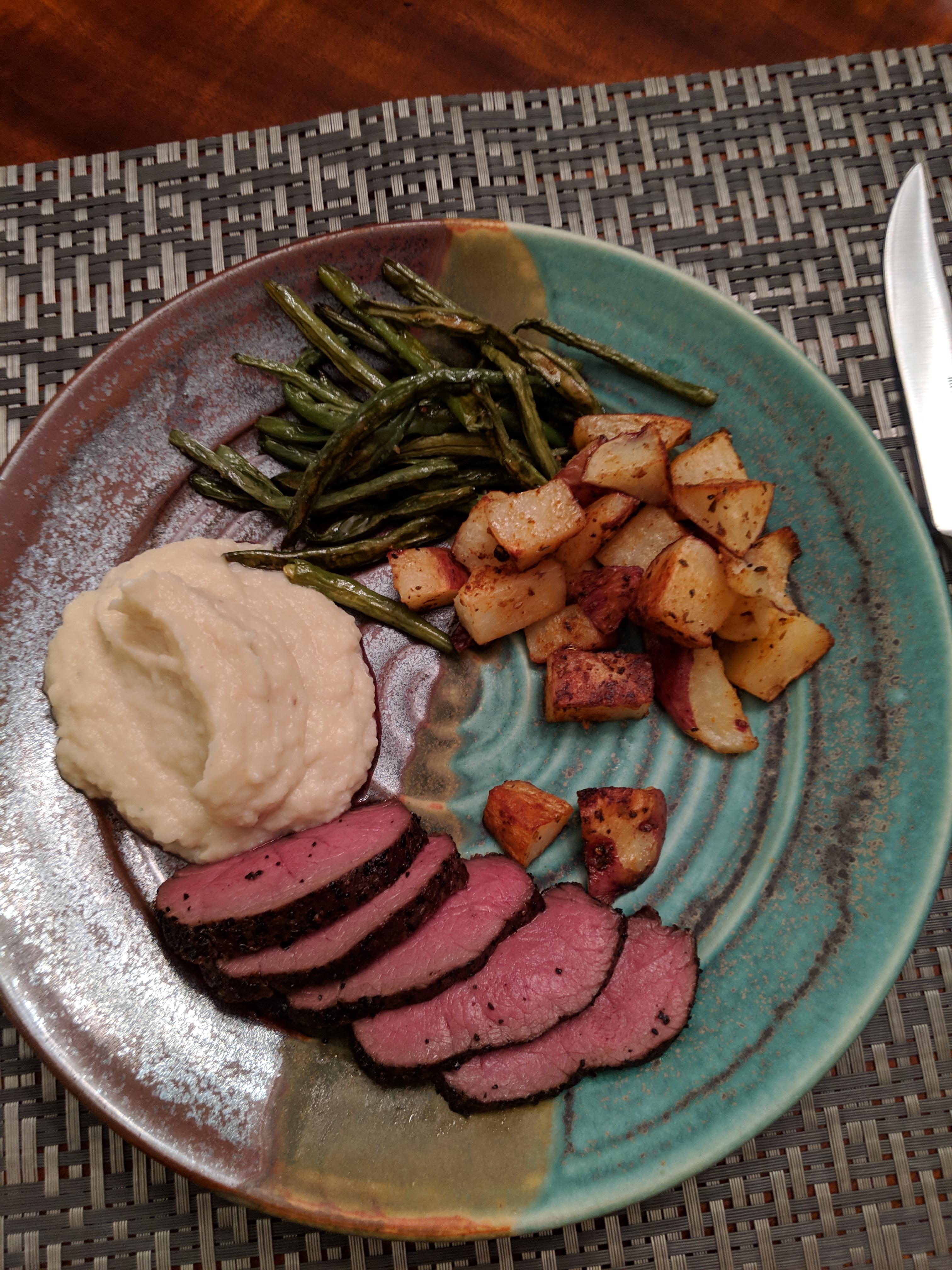 Sous vide venison tenderloin with a parsnip and apple puree and roasted