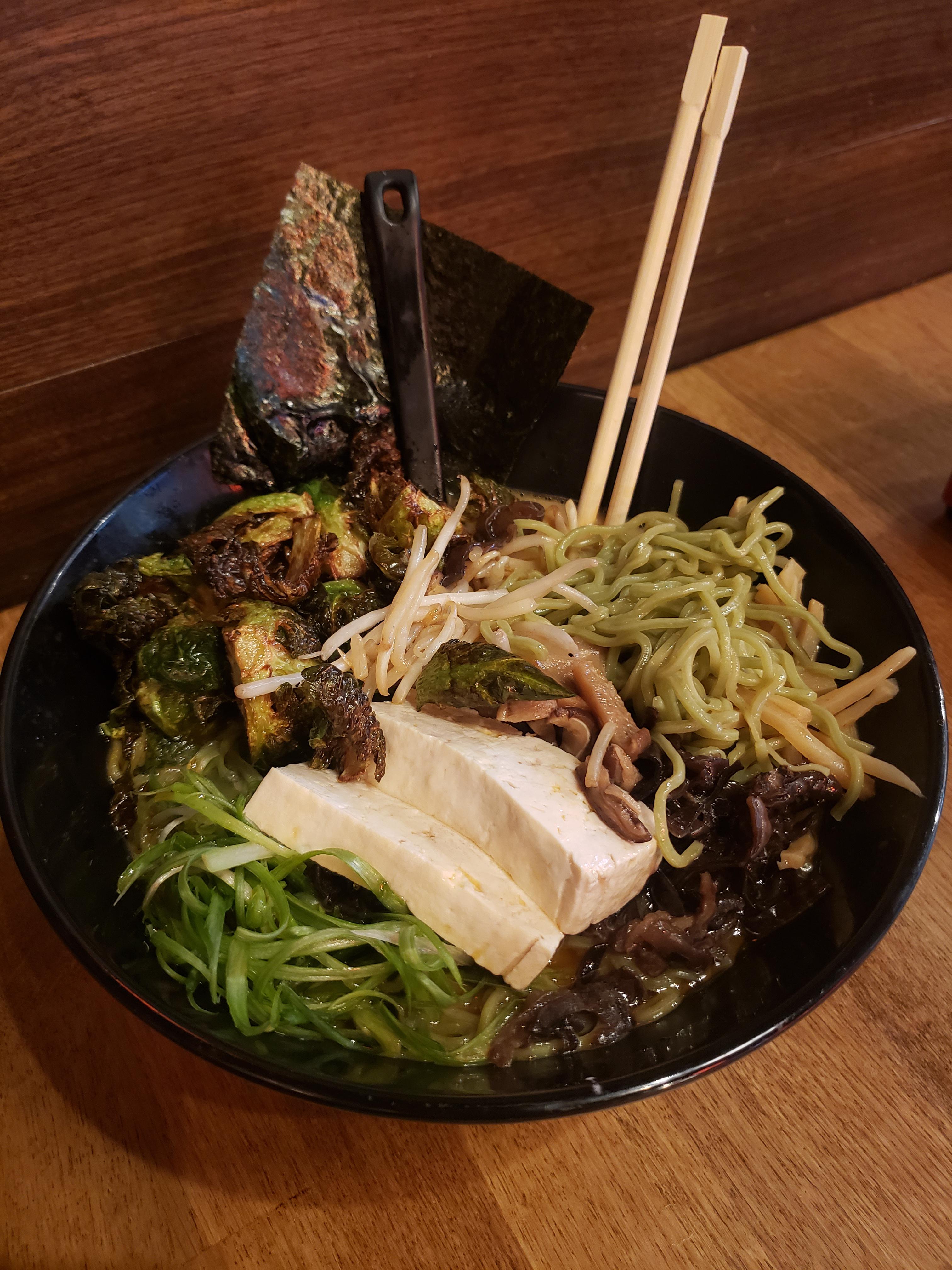 Creamy Vegan Ramen with Kale Ramen Noodles, Brussel Sprout, Tofu, Black