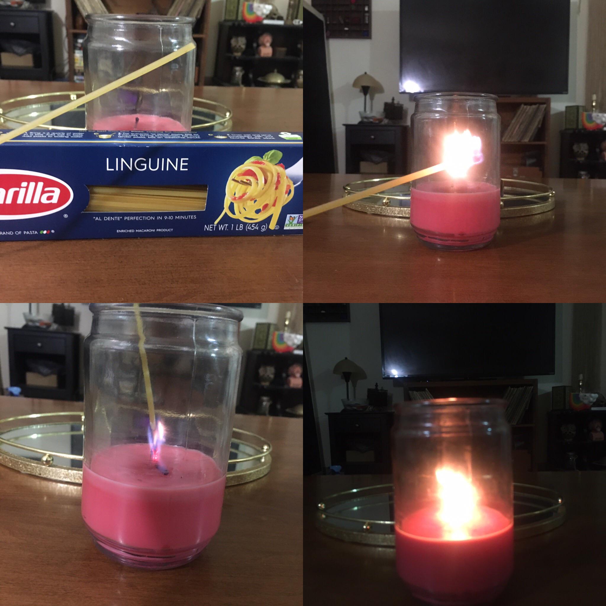 Light a candle with dry pasta that’s too hard to reach with a normal