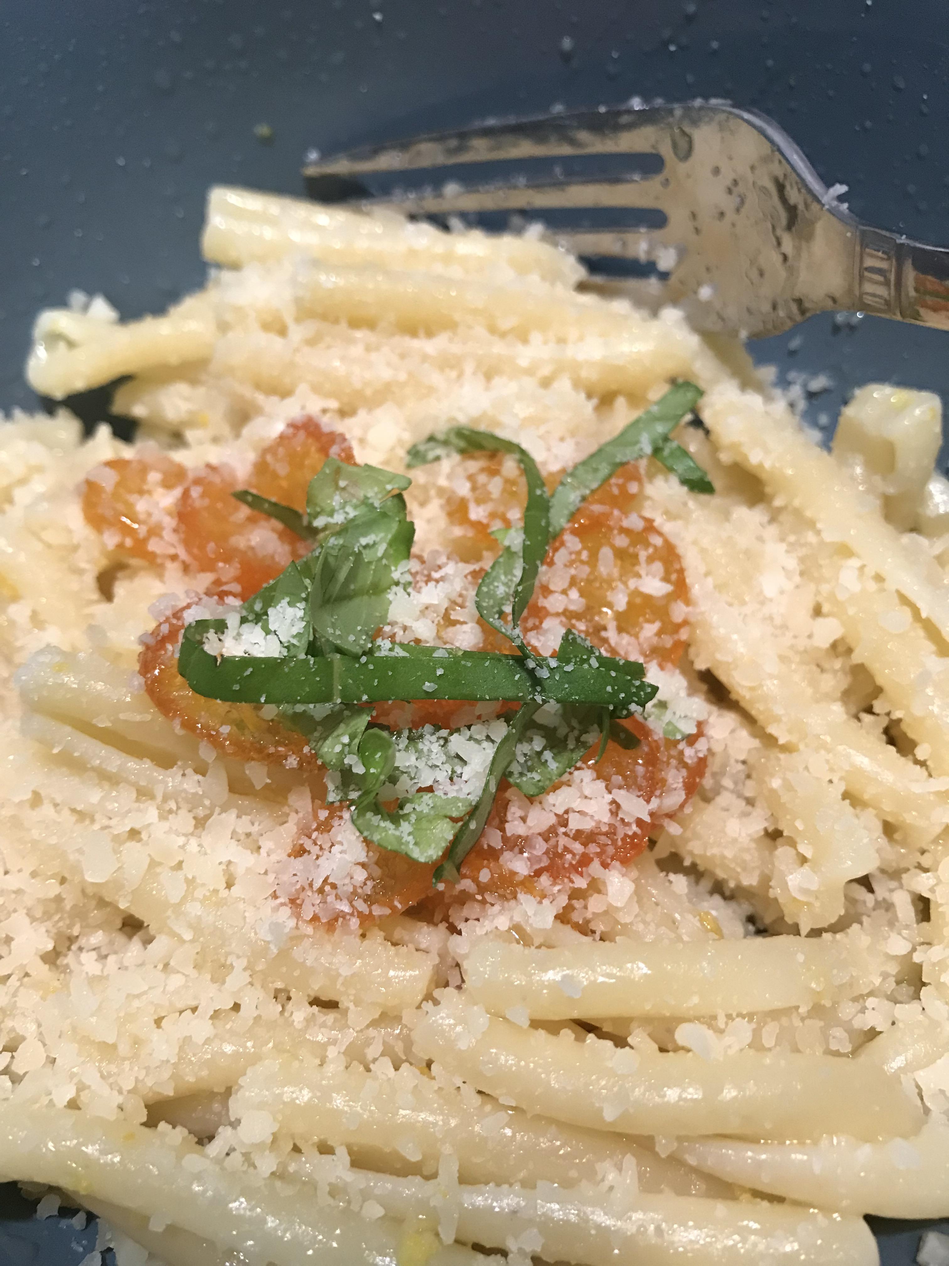 Three citrus pasta with caramelized kumquats, a lemon butter basil