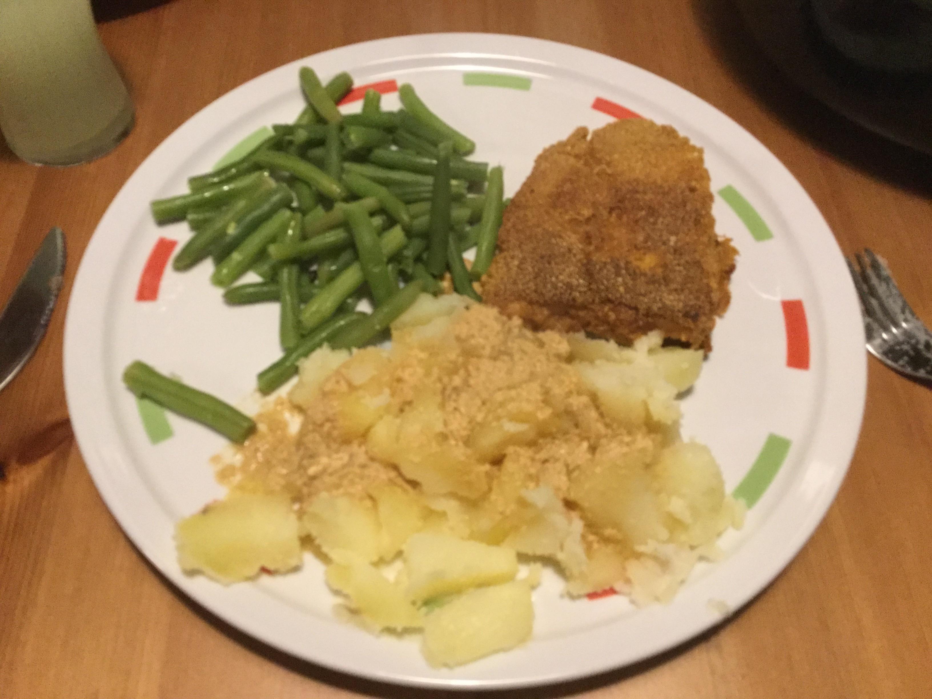 Our first fodmap dinner. Fish with a “jacket” of cornflower, ketjap