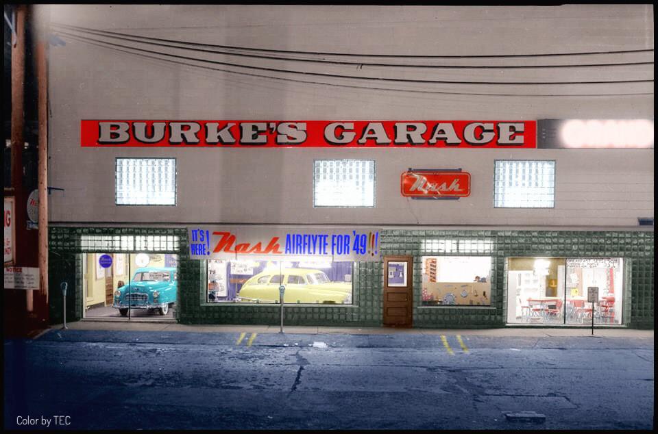 Burke’s Garage, Rutland Vermont 1948. r/Colorization