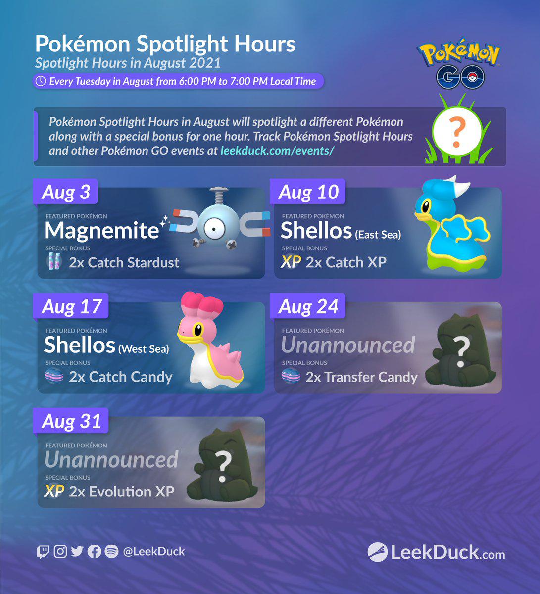 August 2021 Spotlight Hour Schedule (Via LeekDuck) r/TheSilphRoad