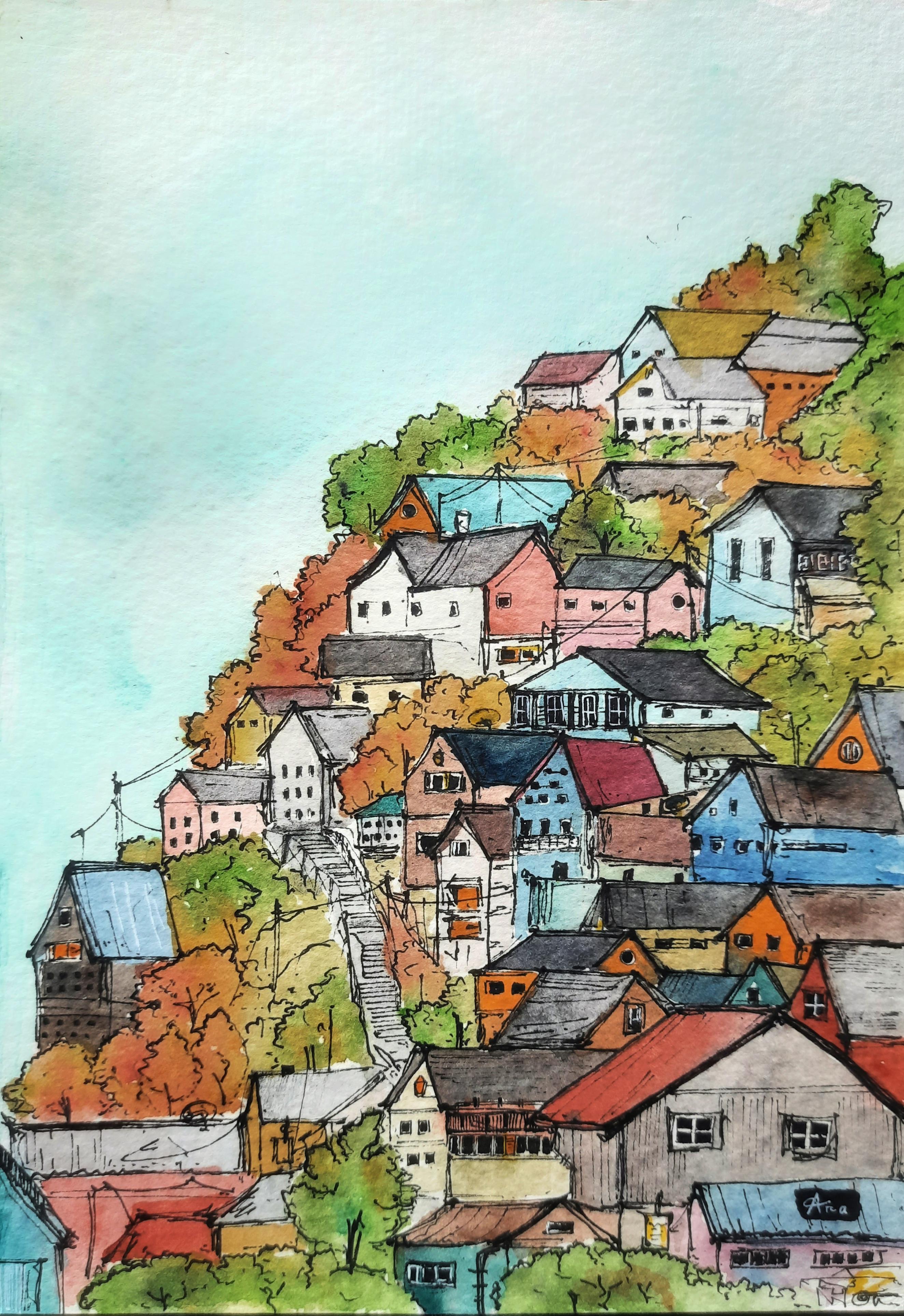 Autumn Village, A watercolor painting r/painting