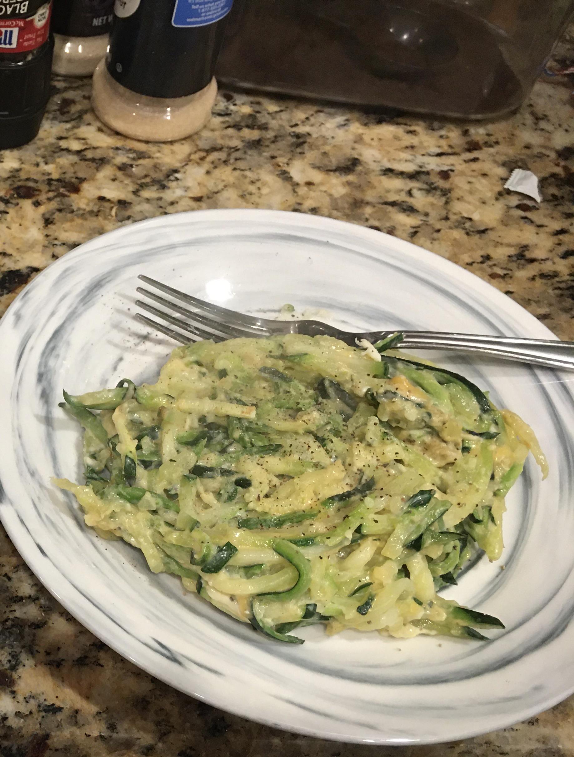 “Mac and Cheese” zoodles! 95 calories! 20 for the zoodles (I cook in a