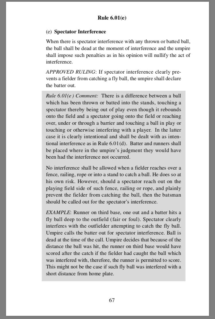 Here’s the official MLB rule book rule for fan interference r/baseball
