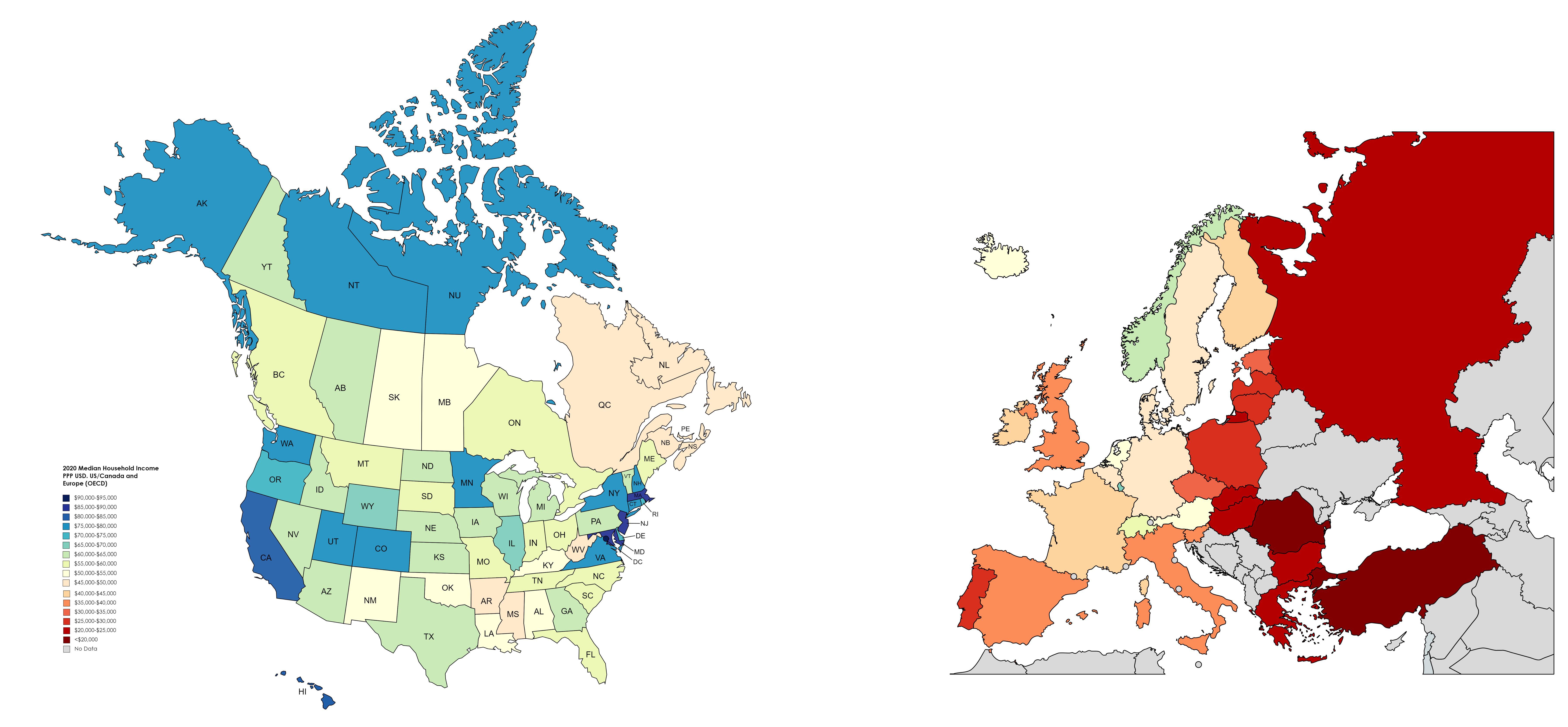 Median household in US/Canada and Europe (USD, PPP 2020) r/MapPorn