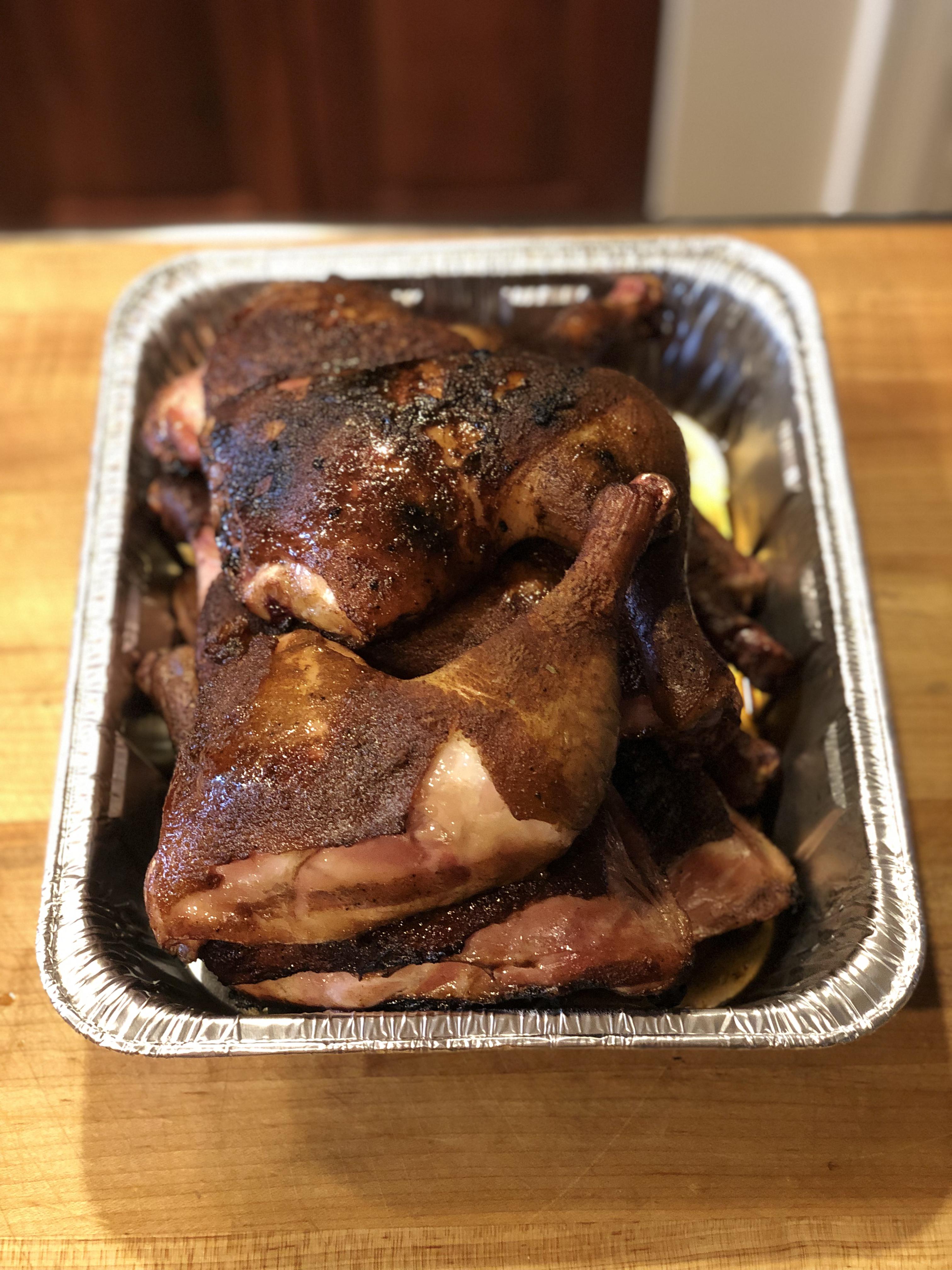 Wet brined in Meat Church bird baptism and rubbed with honey hog