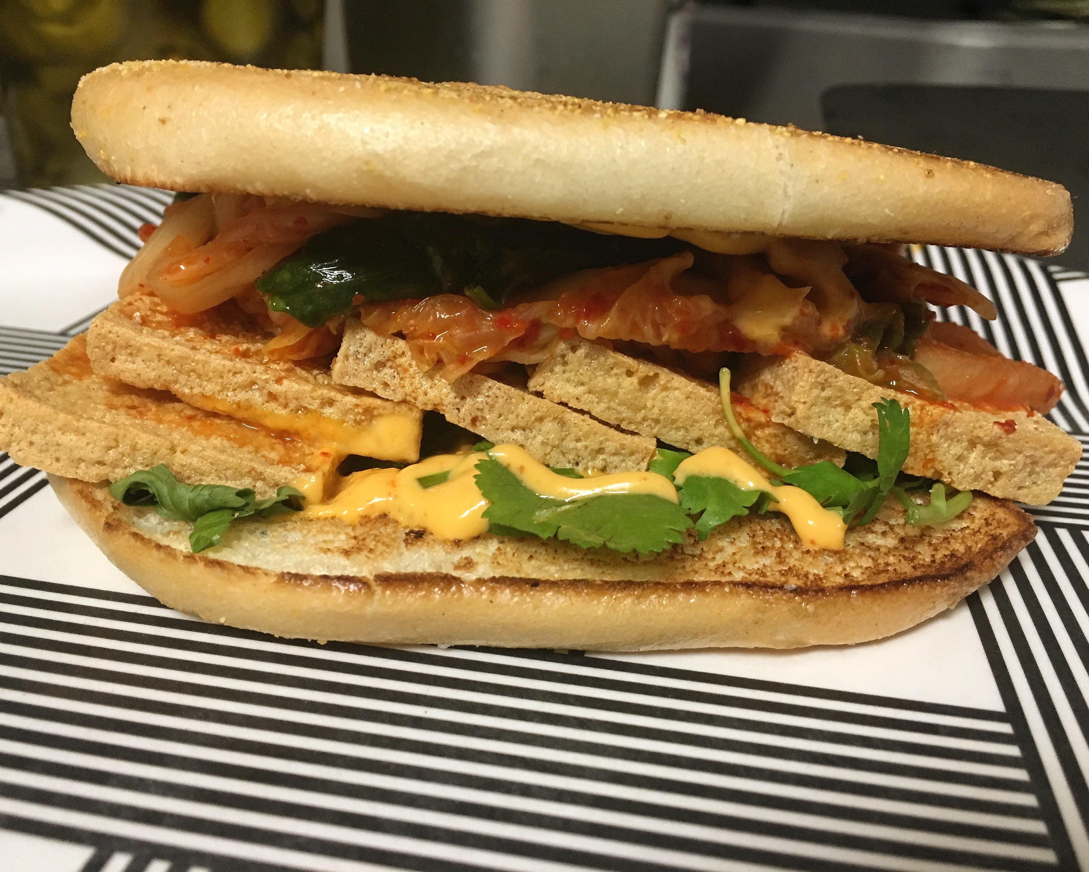 [Pro/Chef] Crispy Tofu Kimchi Sandwich on special today. r/vegan