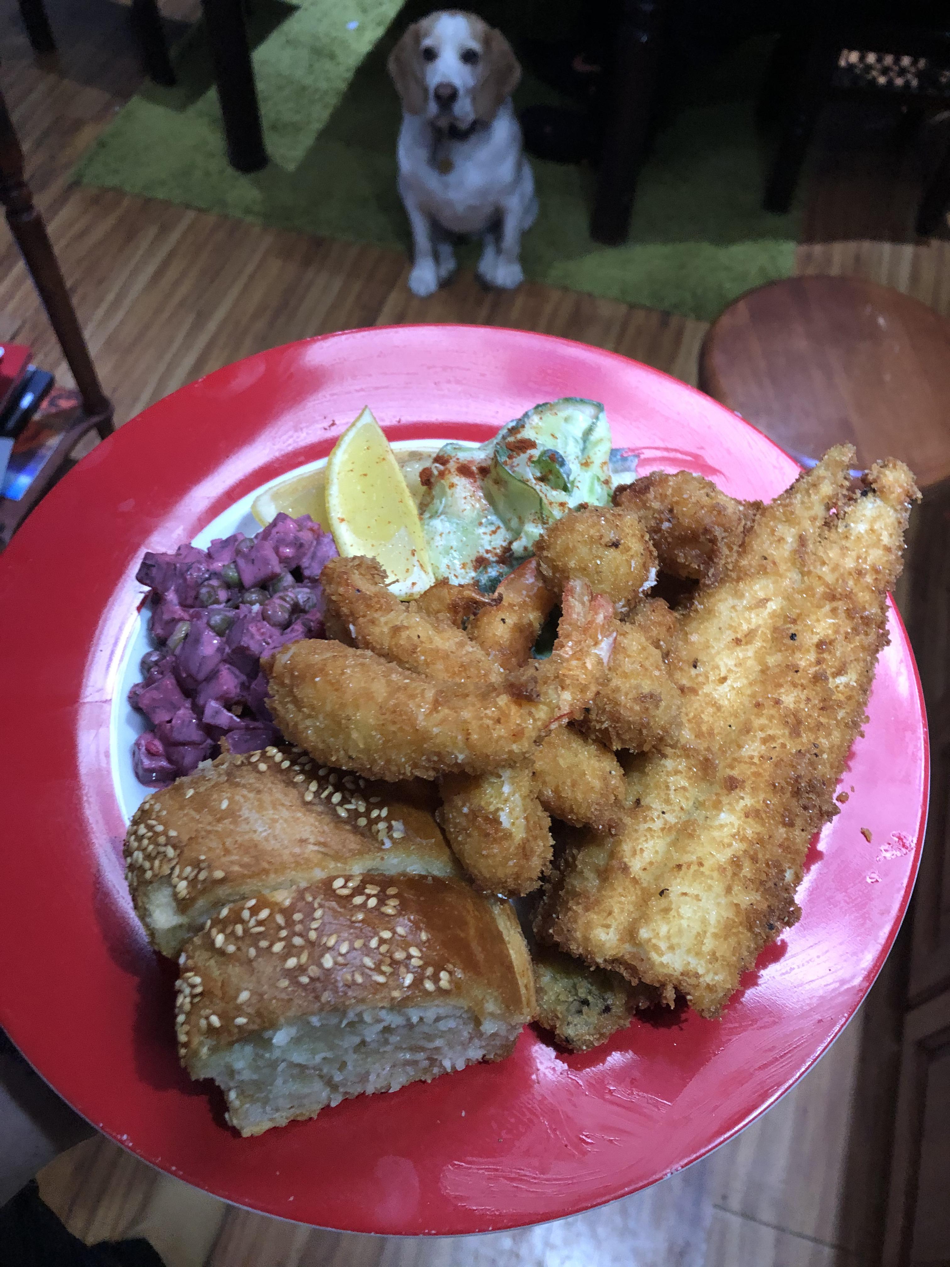 Seafood basket with beetroot and cucumber salad r/RateMyPlate
