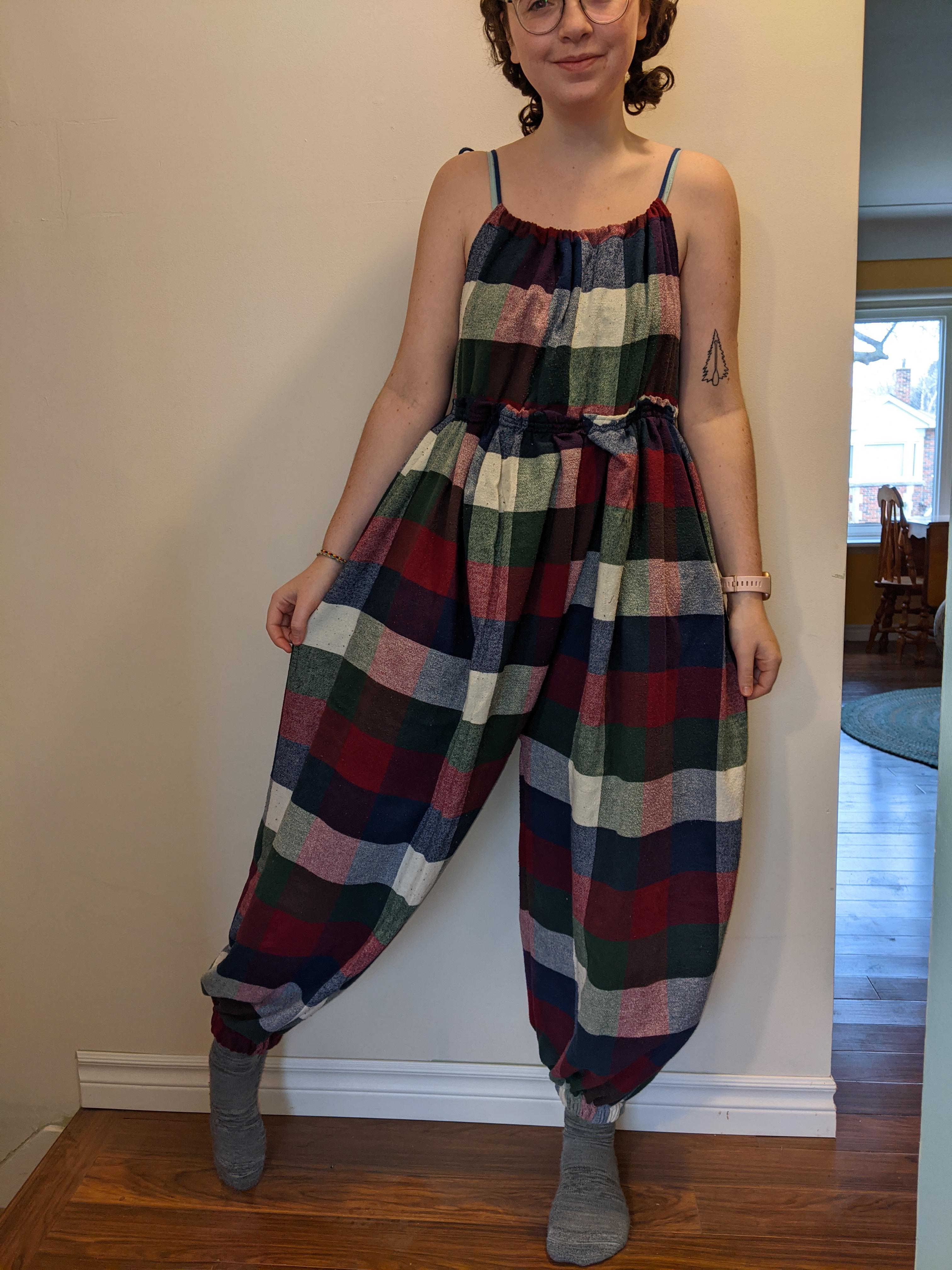 First selfdrafted item a jumpsuit made from a thrifted blanket! (no pattern) r/sewing