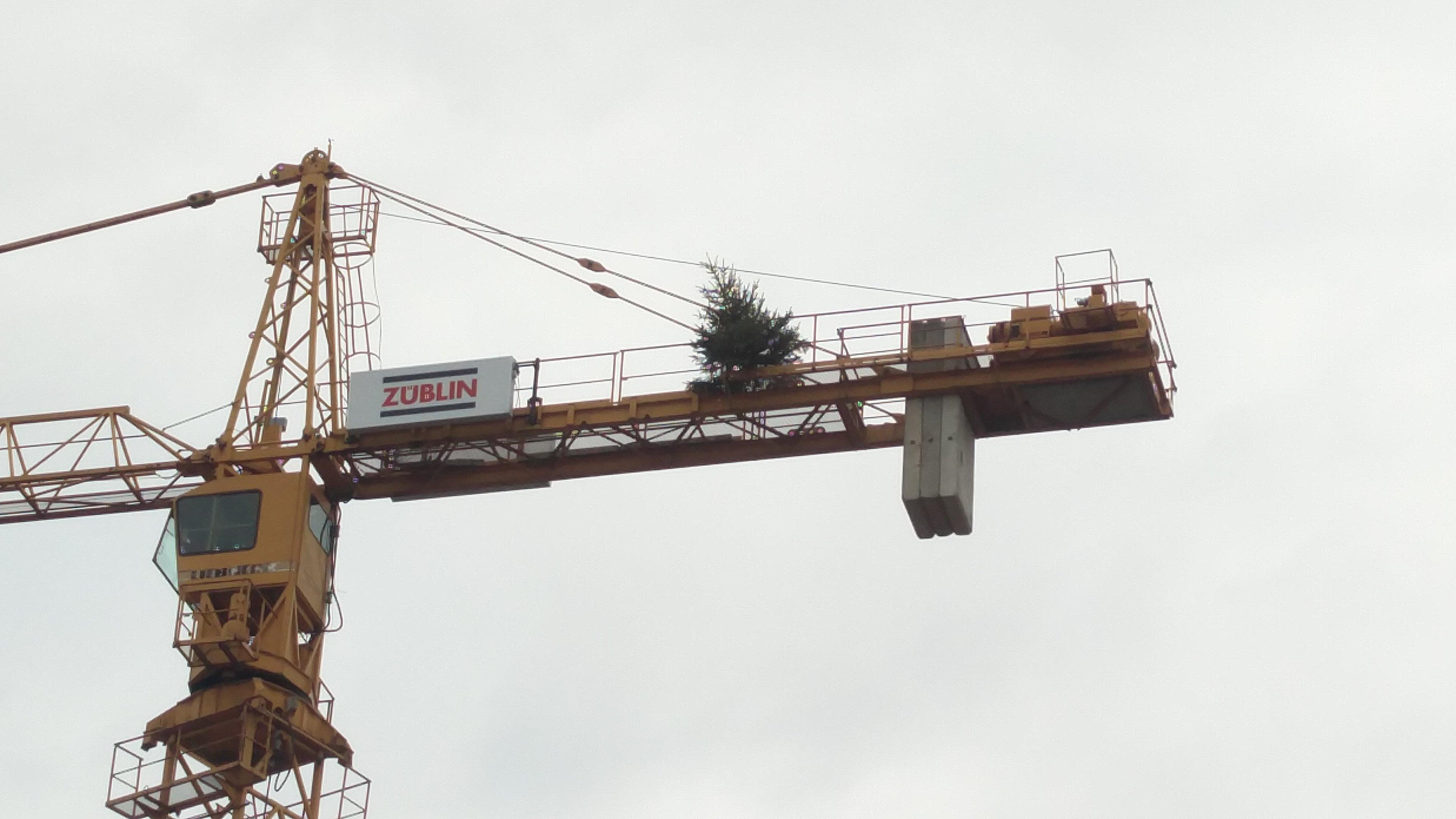 There is a christmas tree on top of this crane. r/mildlyinteresting