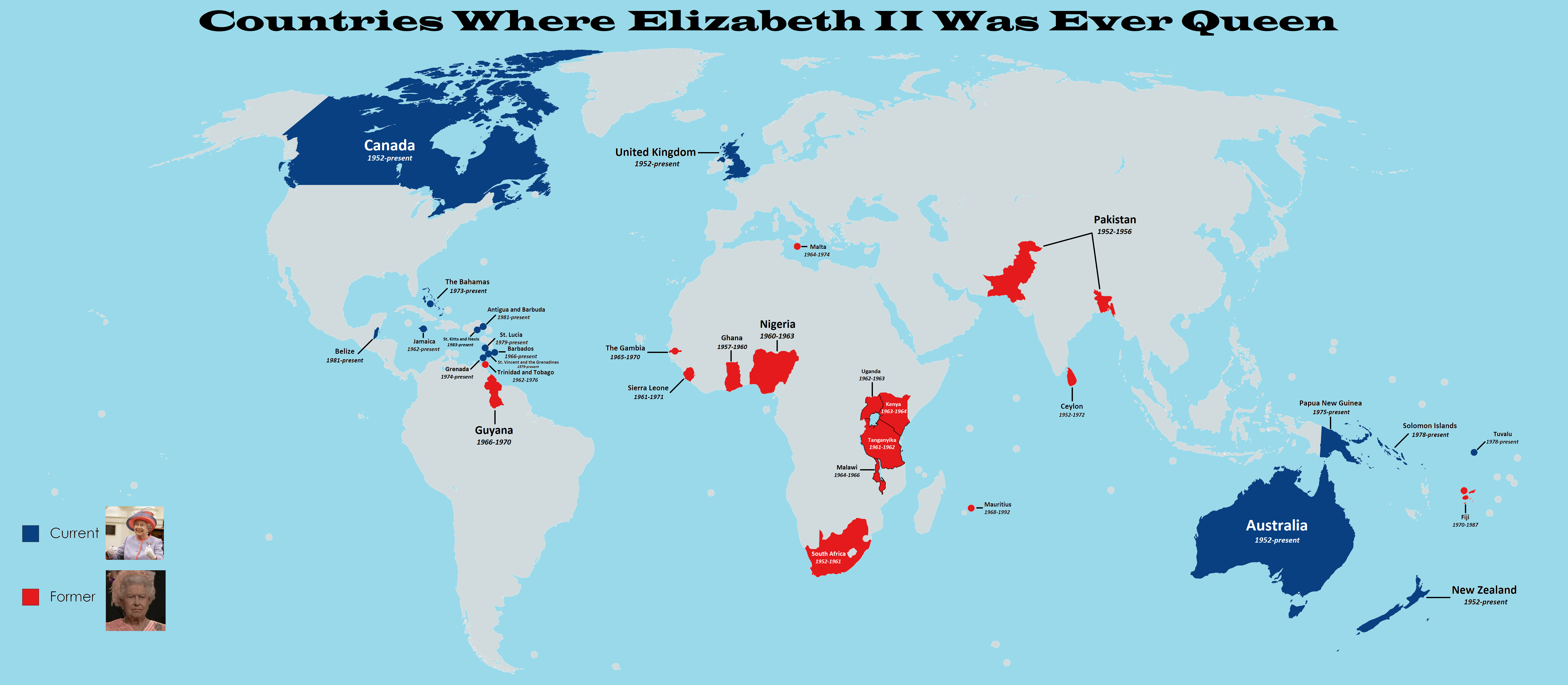 Countries Where Elizabeth II Was Ever Queen [6296 x 2752] r/MapPorn
