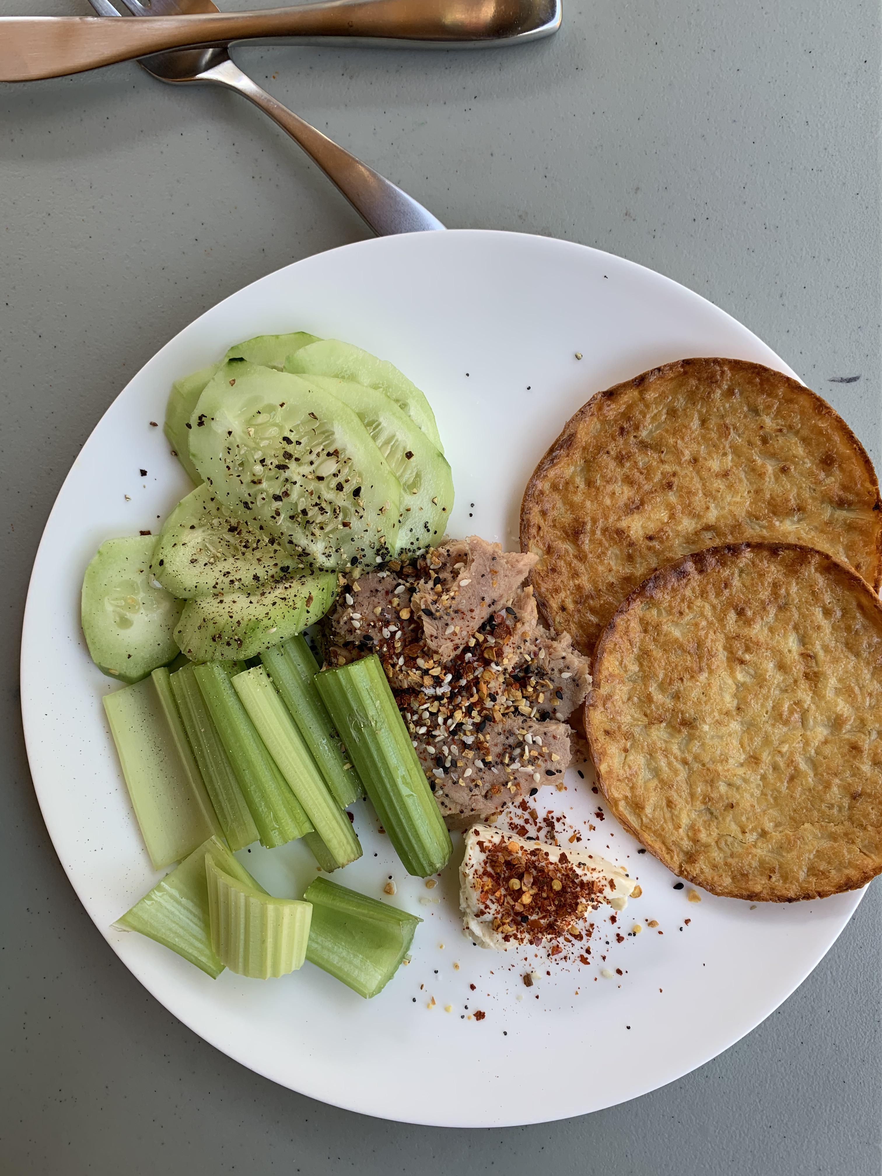 Lunch for about 275 calories 2 cauliflower bread thins from TJ’s