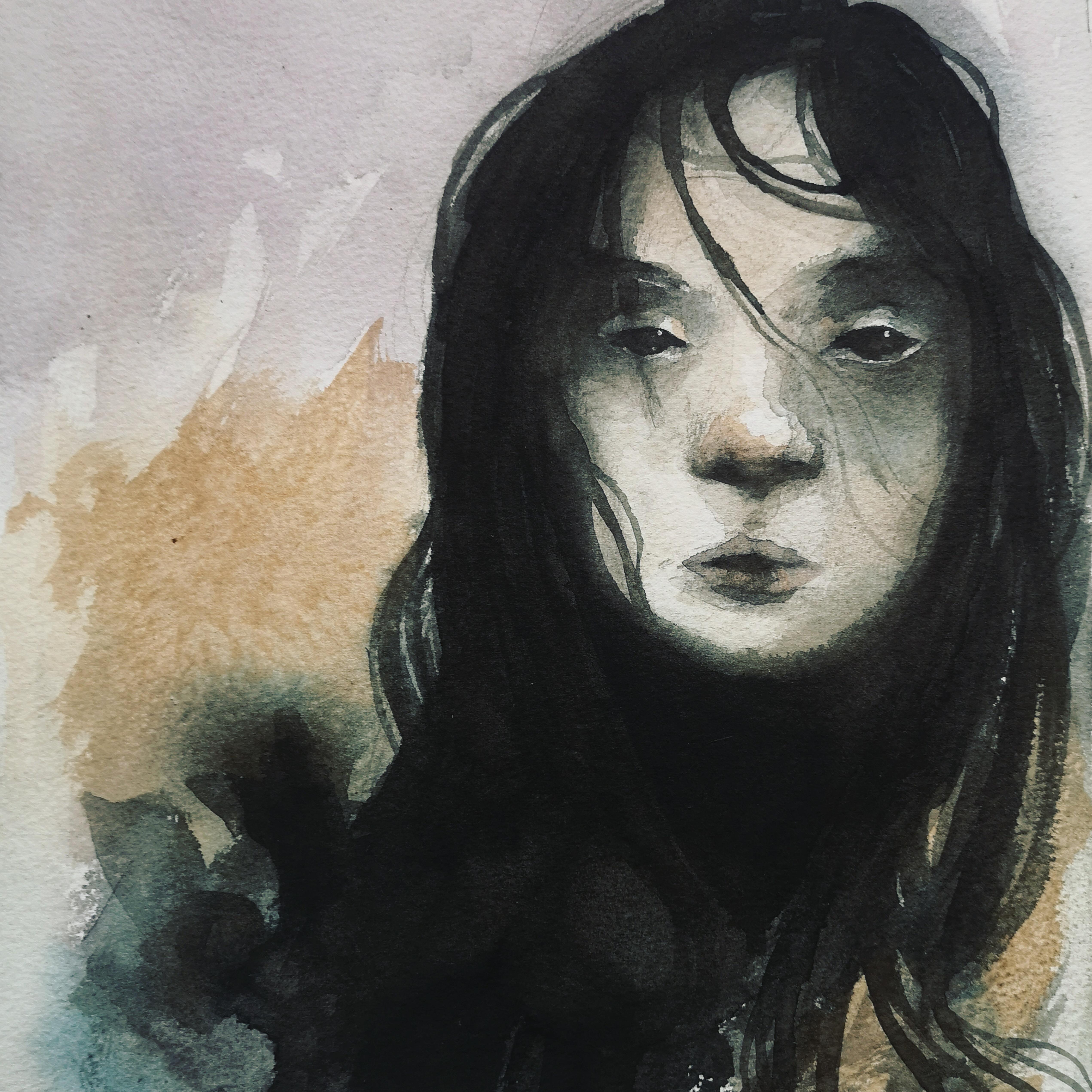 Girl with Black Hair, Me, Watercolor, 2019 r/Art