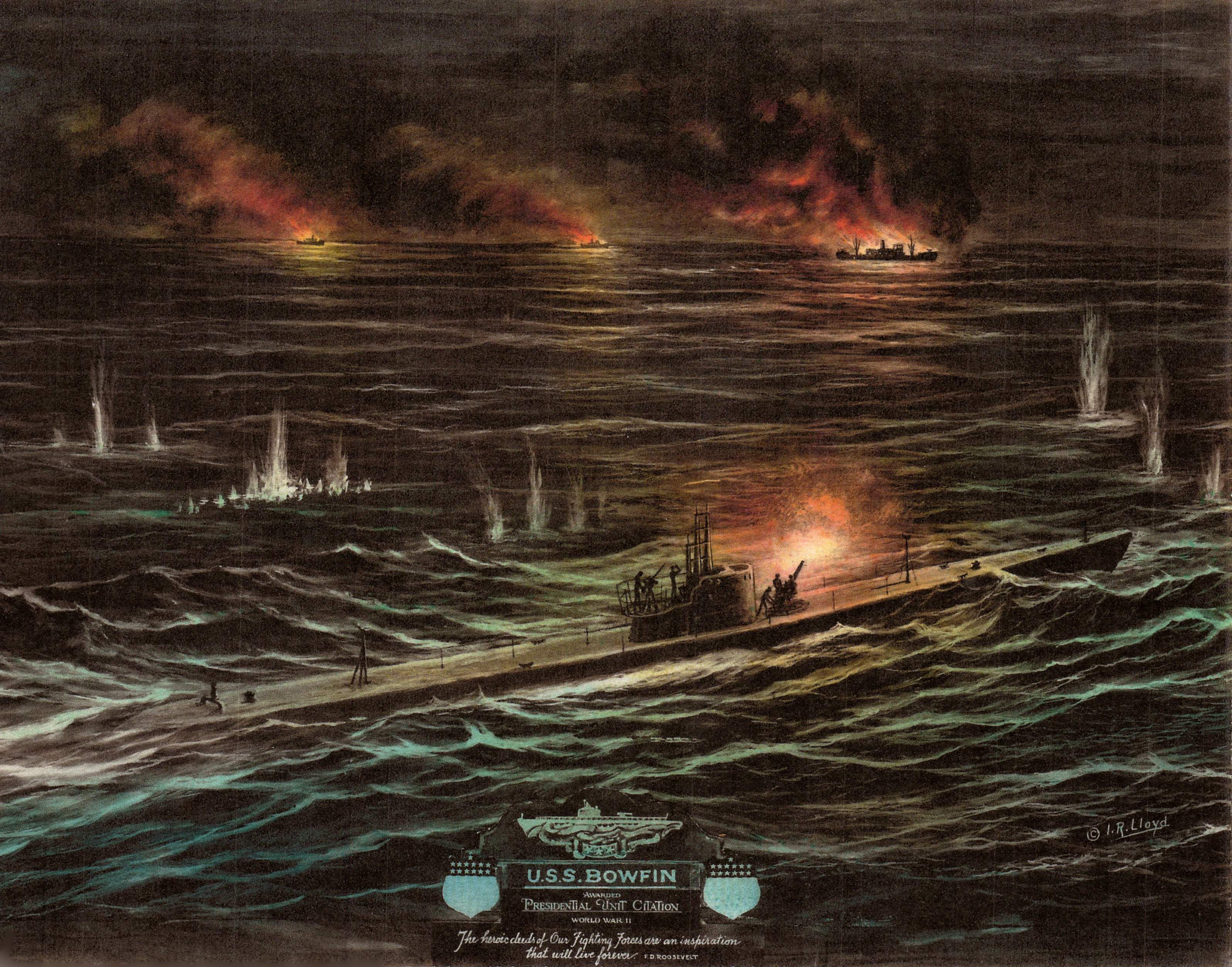 SS 287 USS Bowfin night action resulting in her receiving a PUC print by I. R. Lloyd