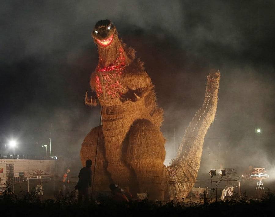 Godzilla statue made of rice straw and bamboo towers over the Japanese town of Chikuzen as part