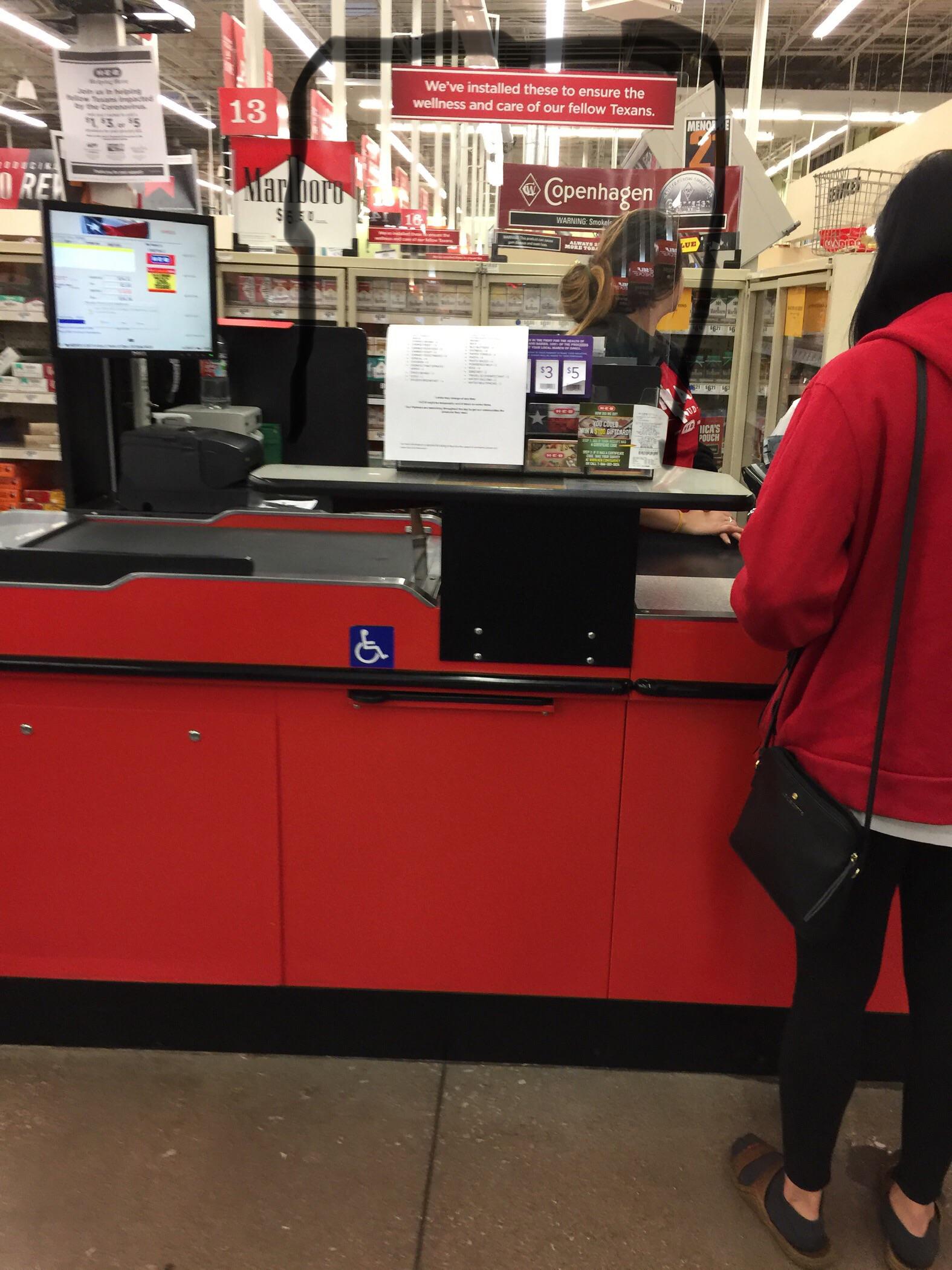 Hey, HEB, what’s this for? A 2x2 plexiglass shield mounted on the table