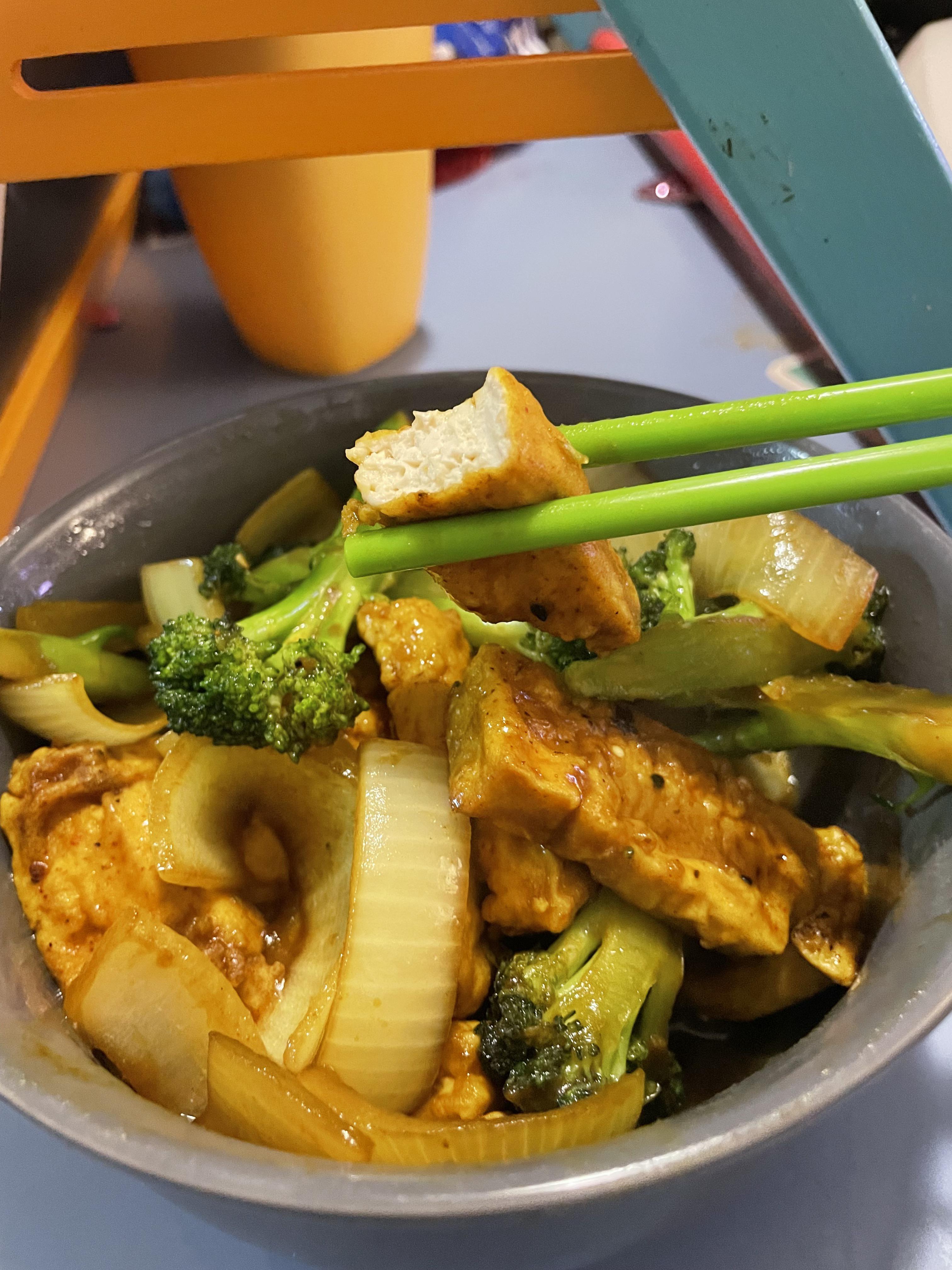 Tofu and broccoli cooked in coconut amino’s. I need white rice! r