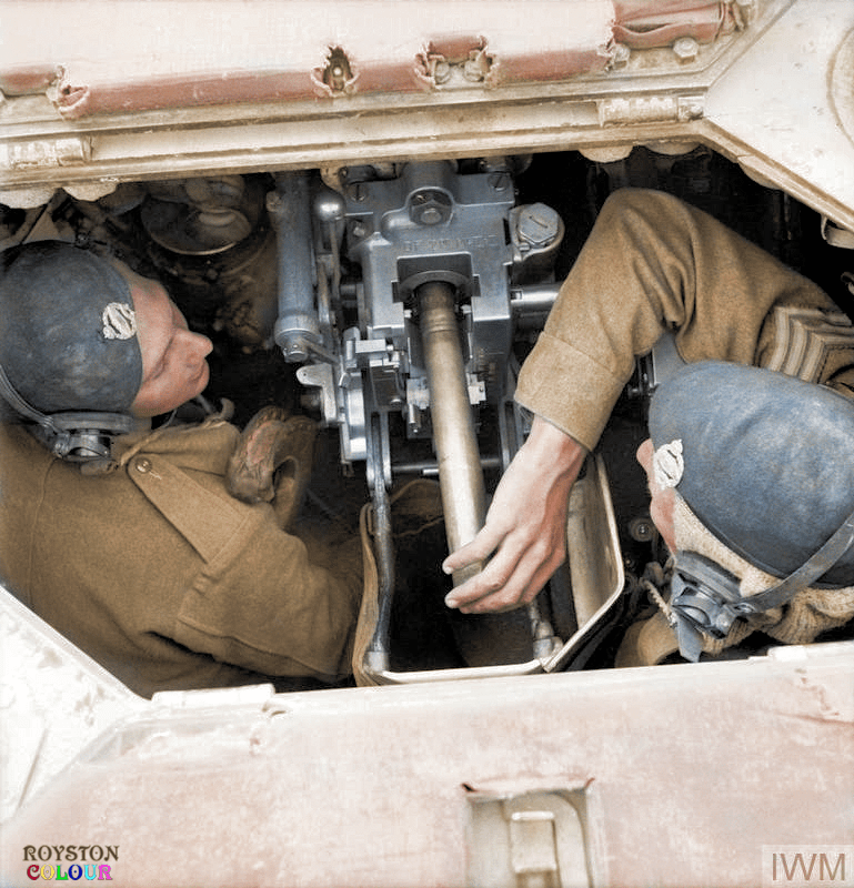 View inside the turret of a Valentine tank showing the 2pdr gun being
