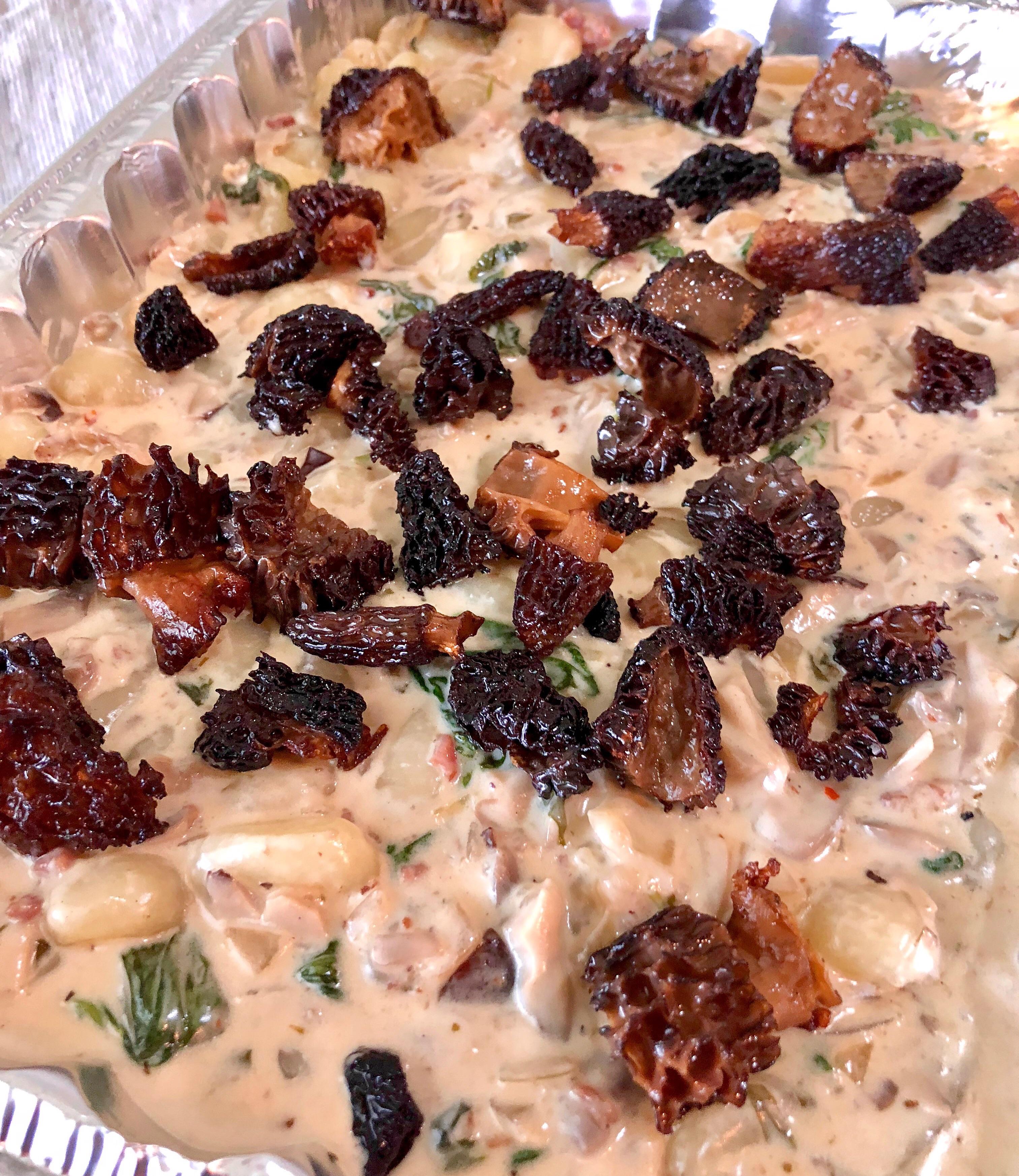 Gnocchi in a pancetta and mushroom cream sauce, garnished with pan