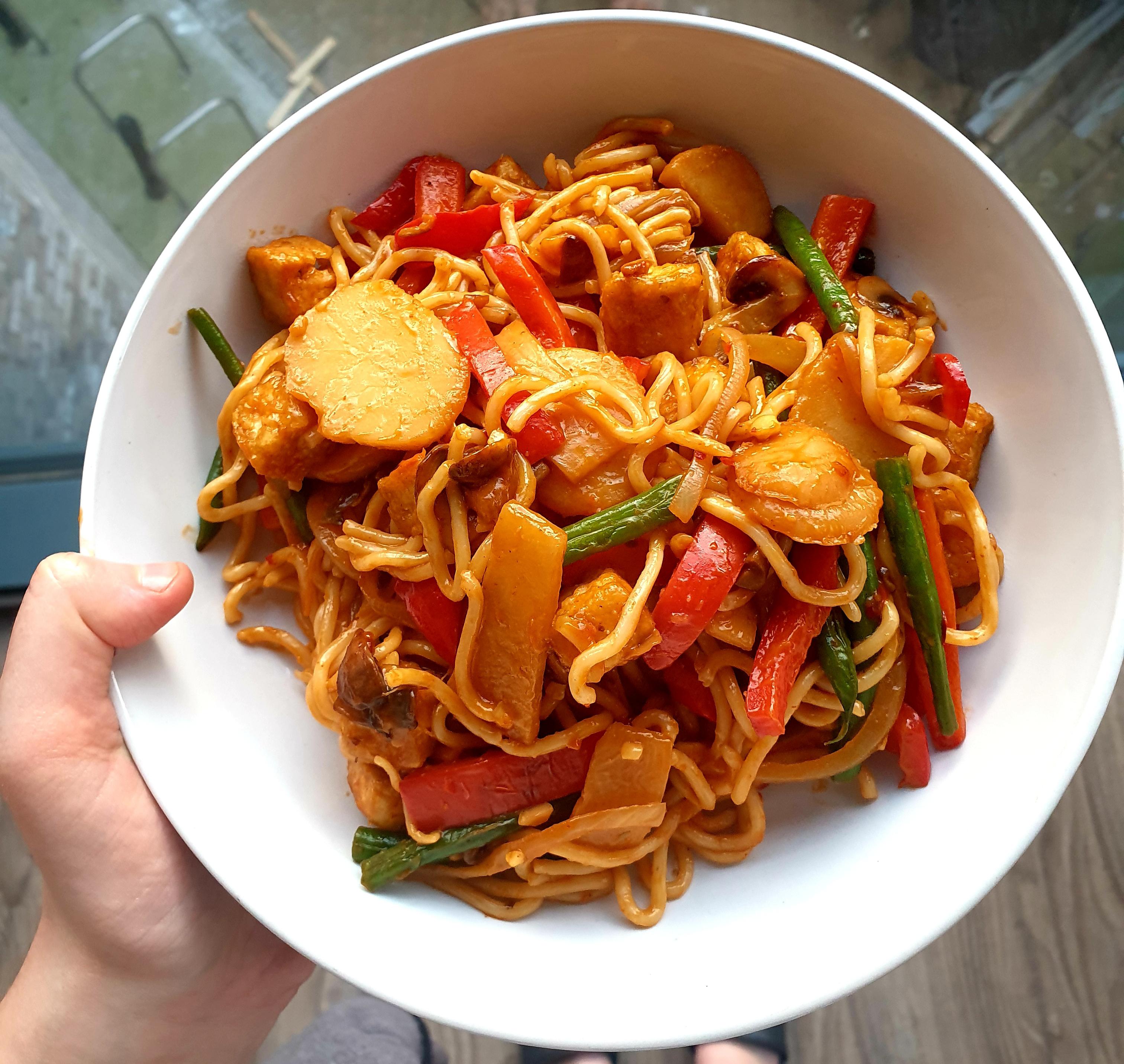 Dinner tonight peanut butter and sweet chilli noodles with crispy tofu