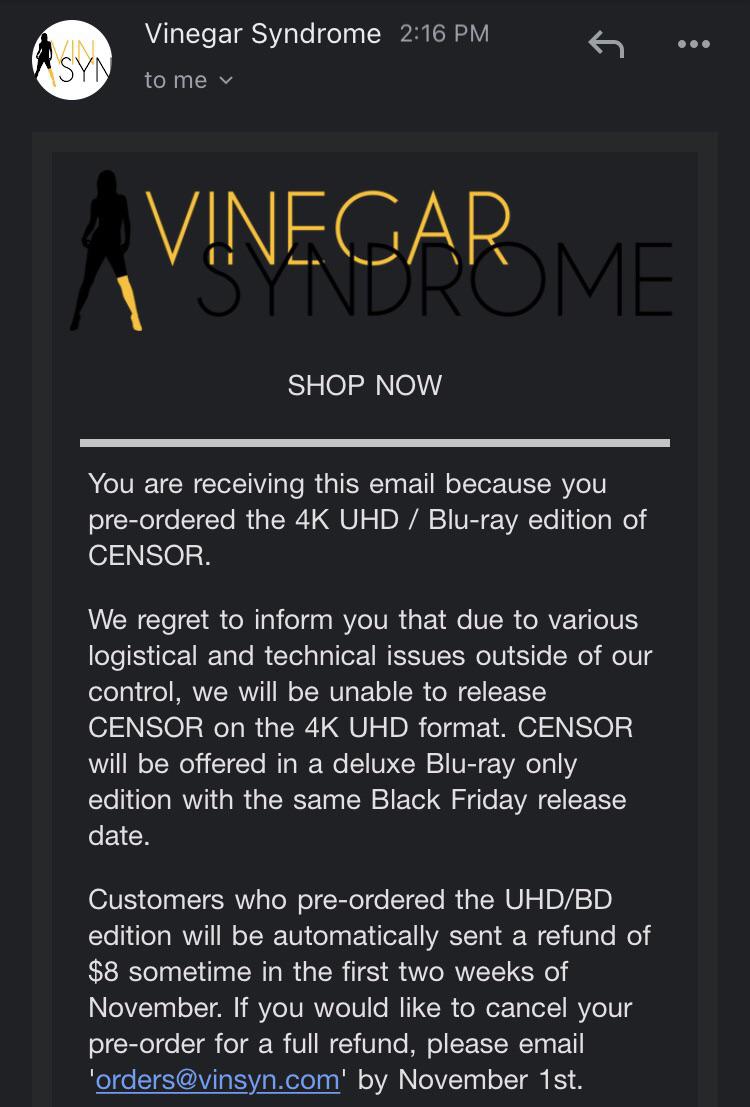 Vinegar Syndrome Pictures’ Censor 4K has been CANCELLED, BluRay to be