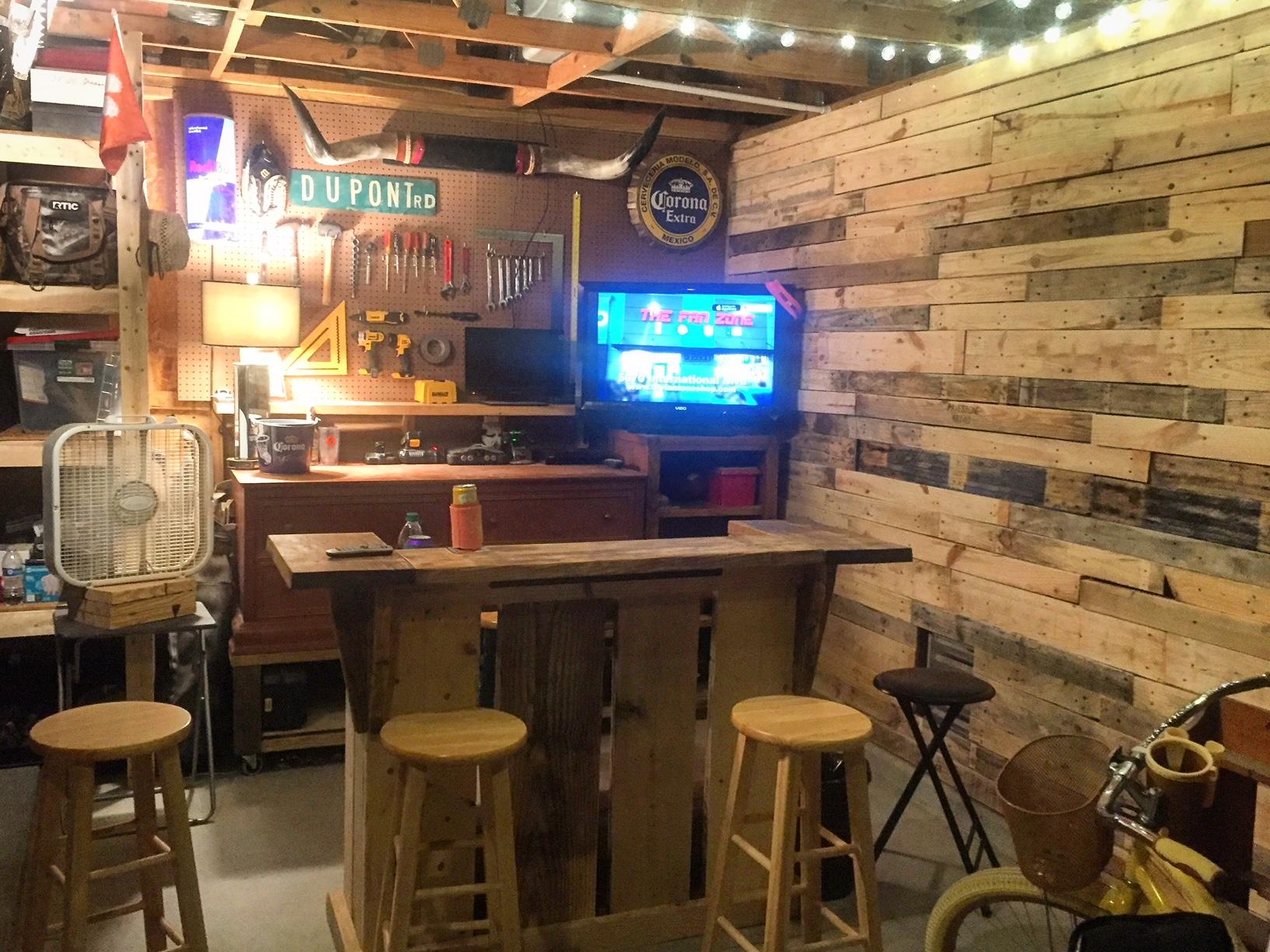 Garage Man Cave Pallet wall and bar made out of reclaimed wood r