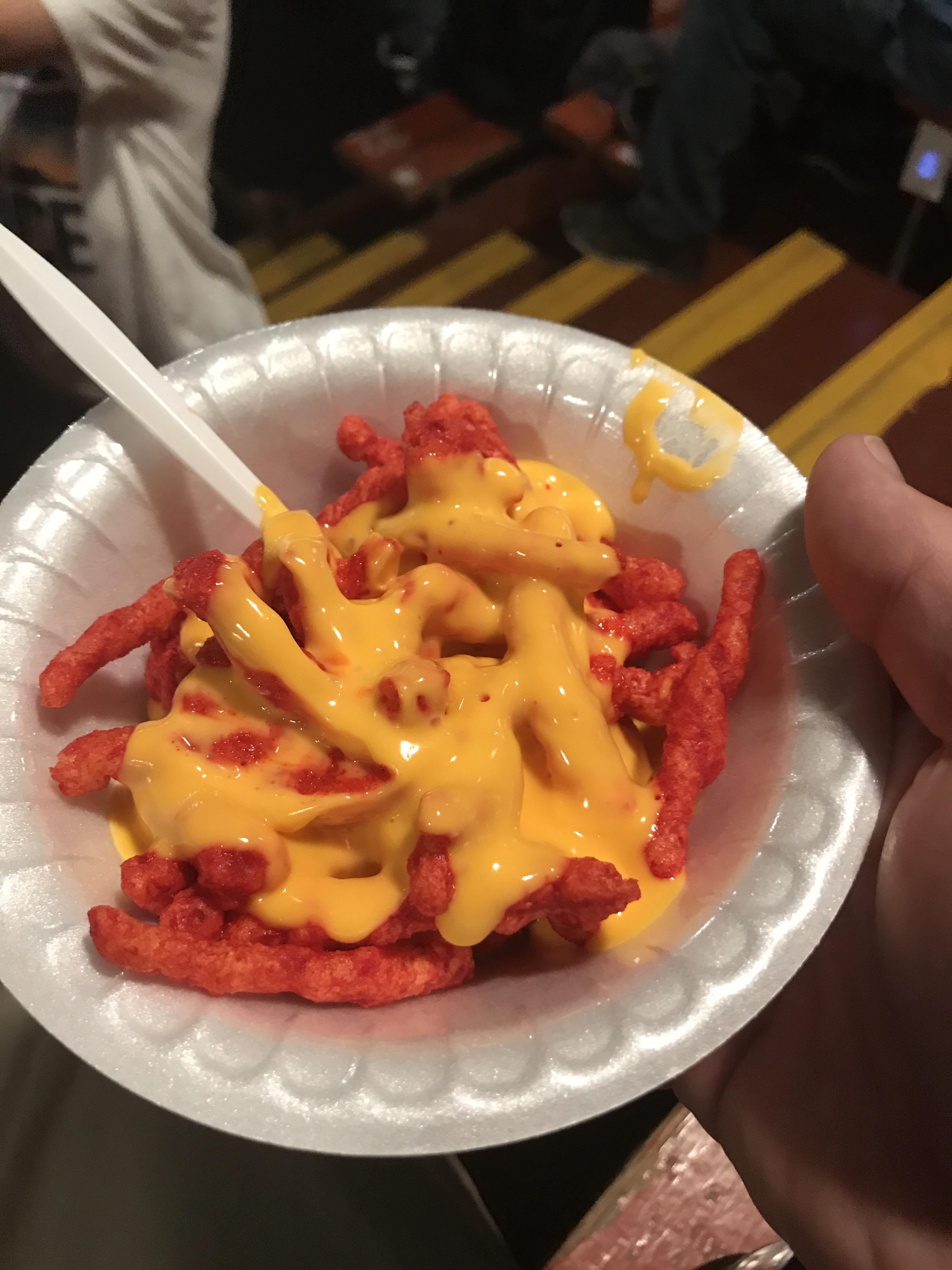 Flaming hot Cheetos with nacho cheese aioli from monster jam concession