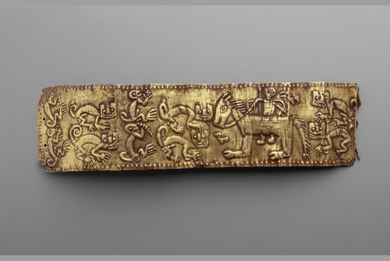 Inca armband depicting a mounted Spanish conquistador alongside a variety of animals, gold, c
