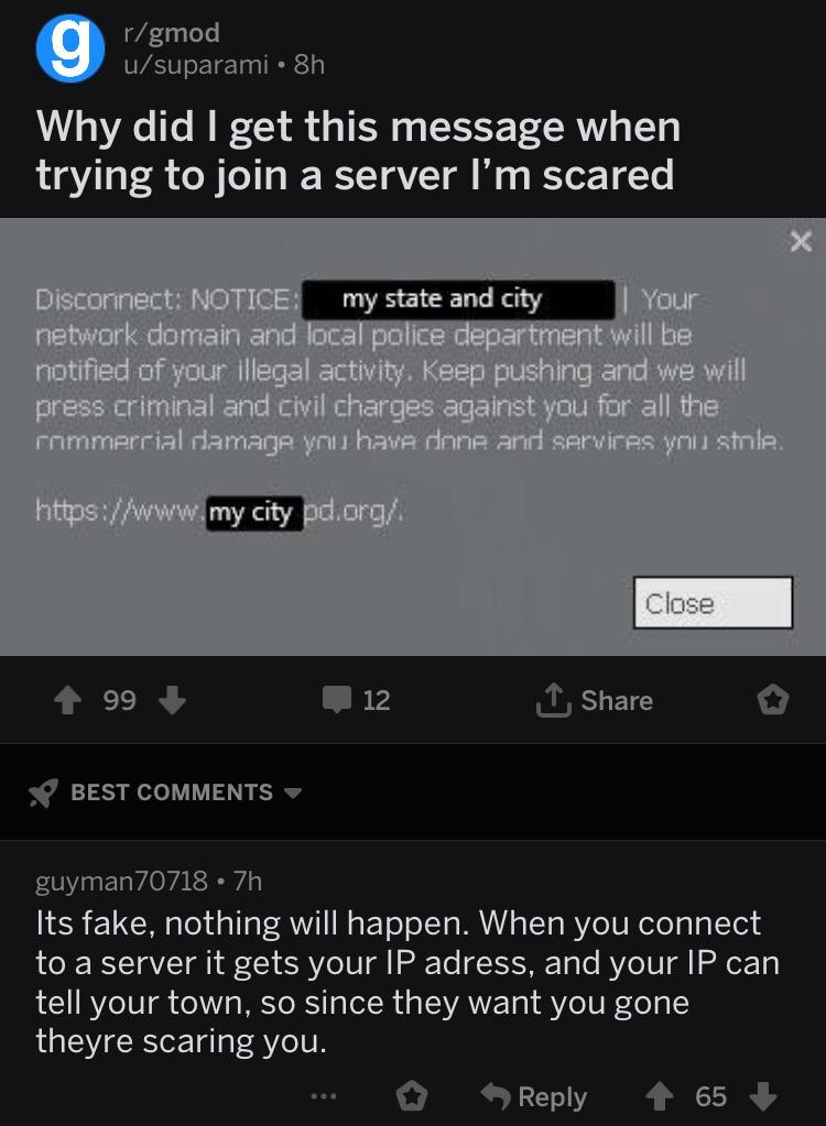 Some Garry’s mod servers act as if you are going to be in legal trouble