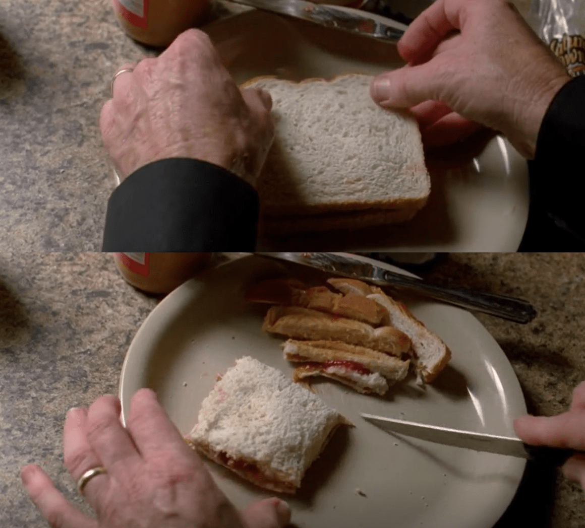 Walter wastes half of the sandwich while cutting the crusts. r