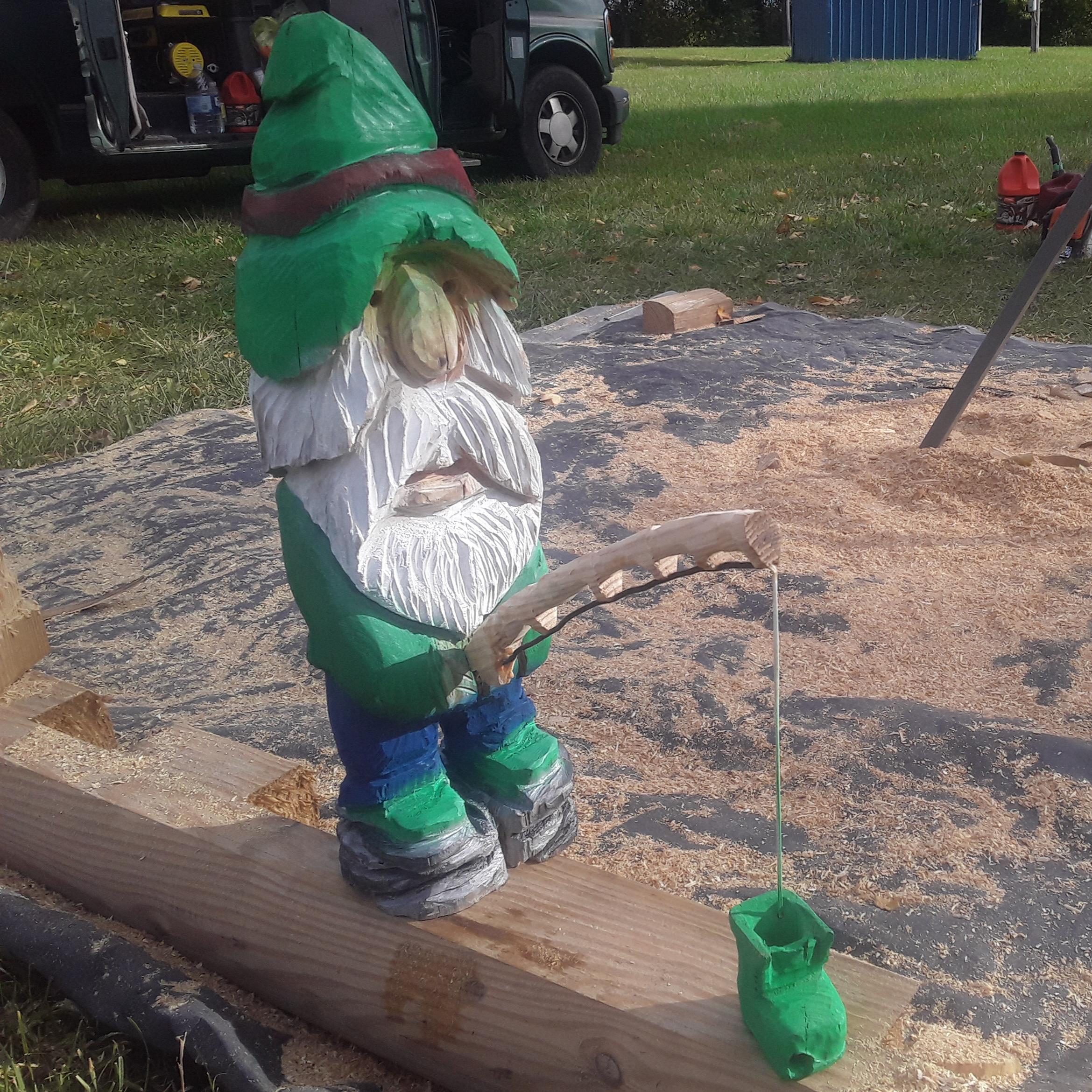 Chainsaw carved gnome in Bellmore Indiana. Got invited up for the