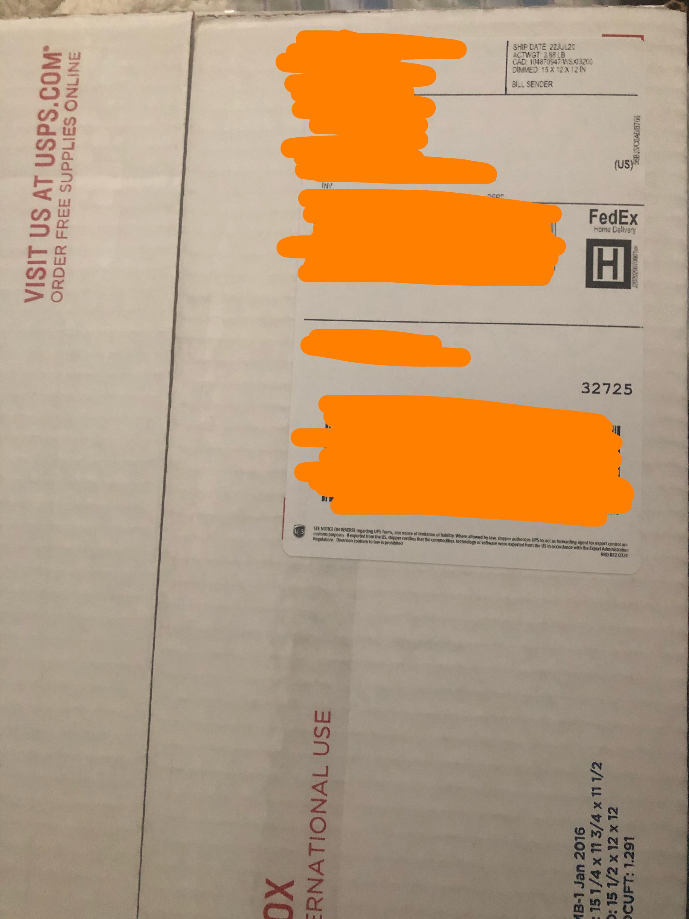 Fedex shipping printed on UPS label slapped onto a USPS mailing box r