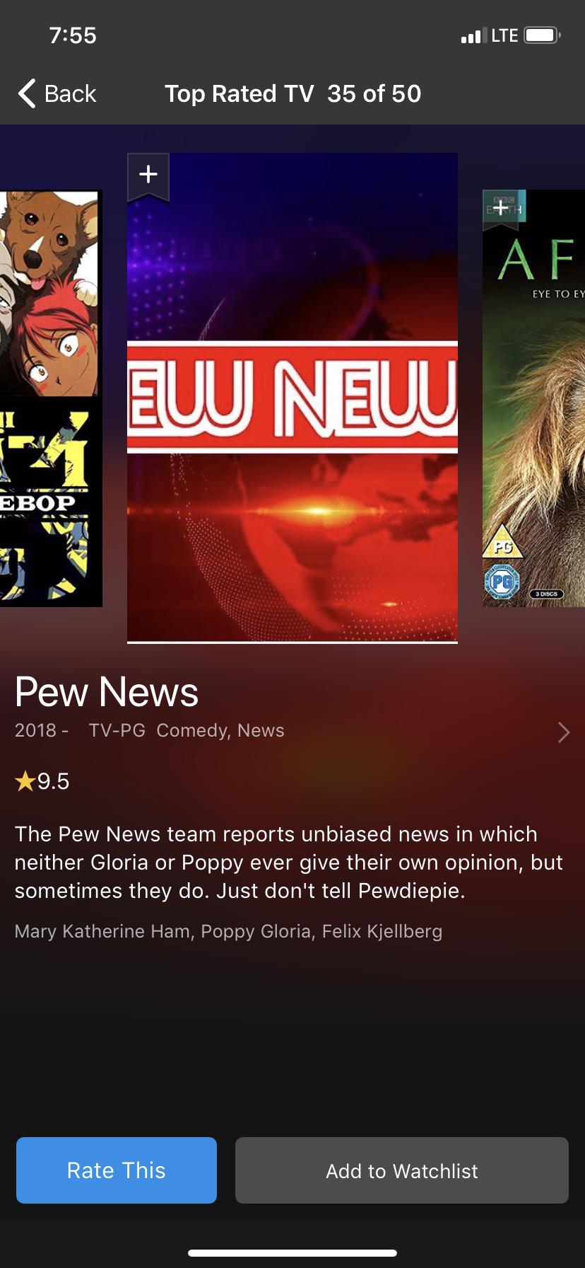 Pew News is in the top 50 tv shows of all time on IMDB r