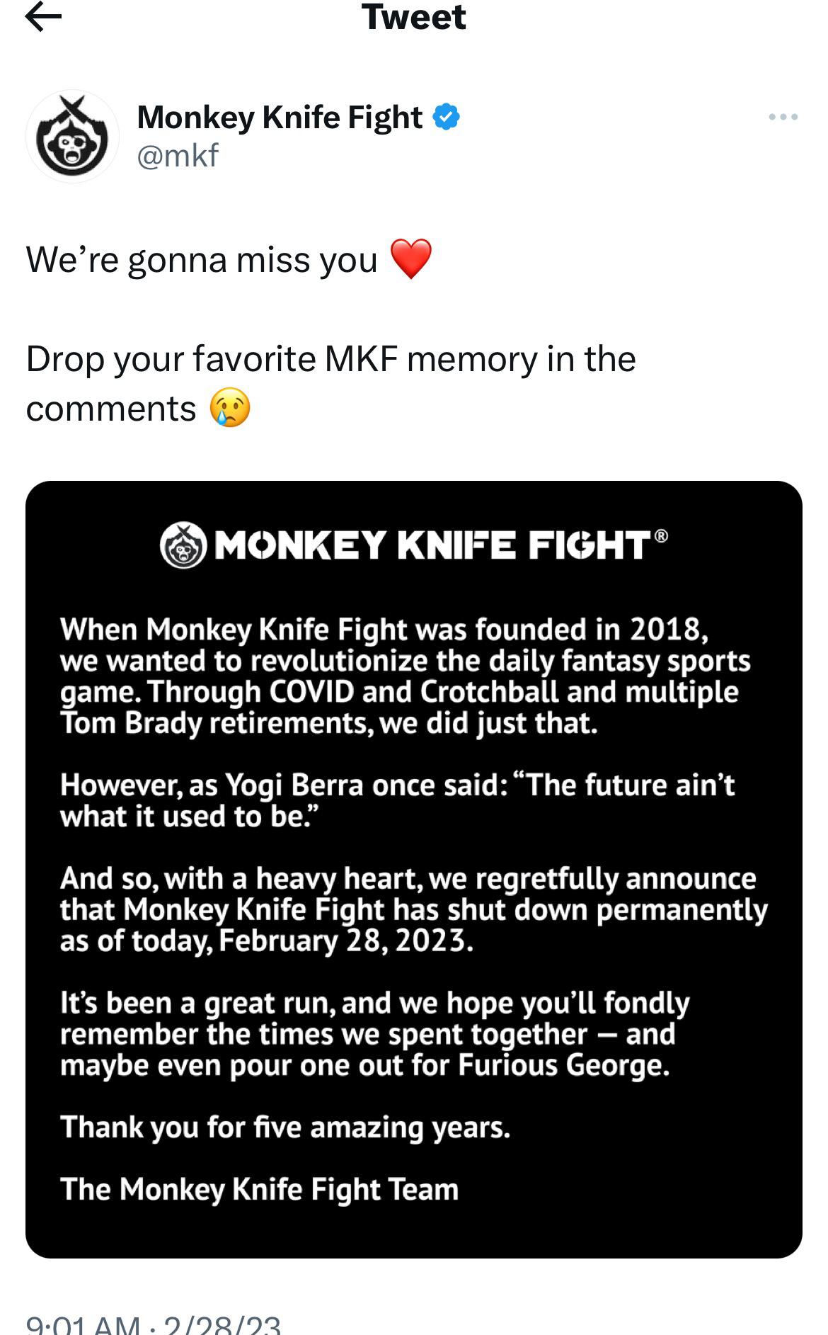 Monkey Knife Fight is shutting down, after being bought for 90 million