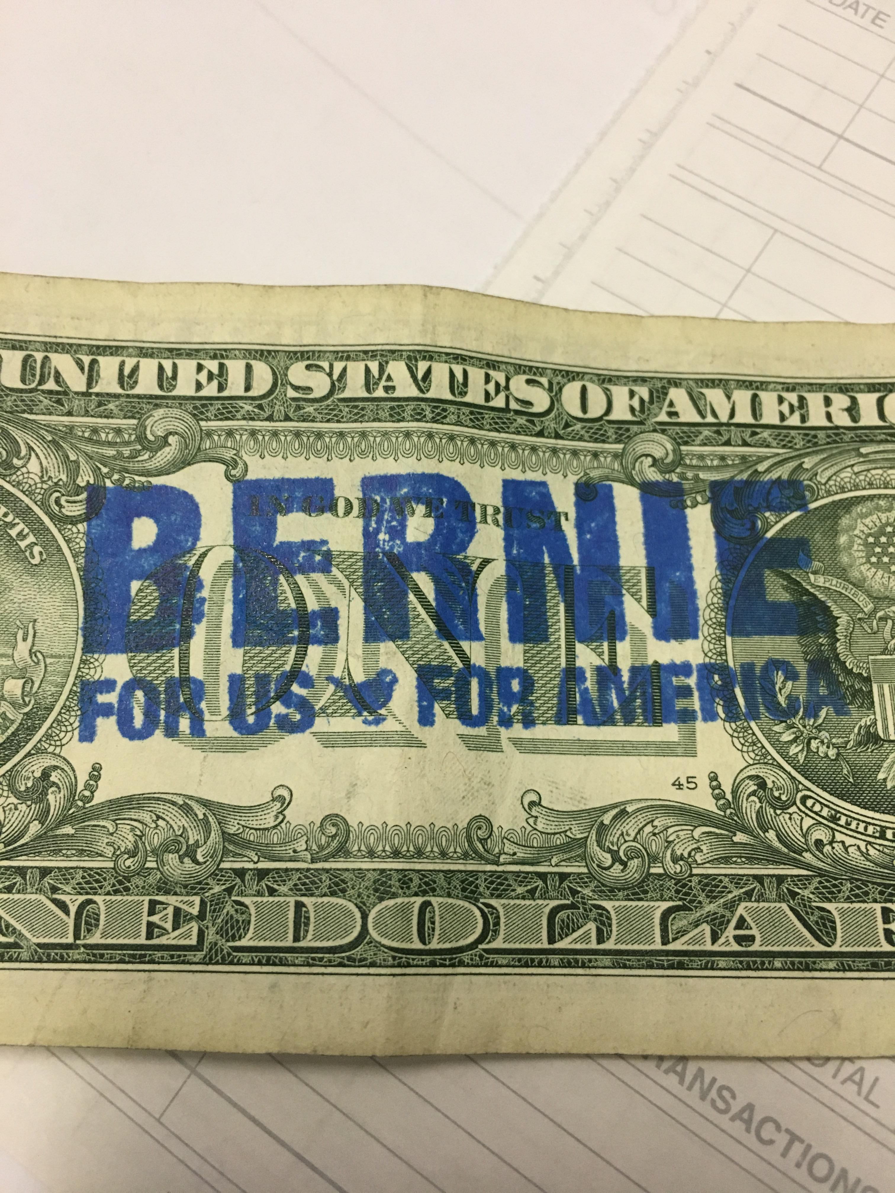 This dollar bill has a Bernie Sanders stamp on it. r/mildlyinteresting