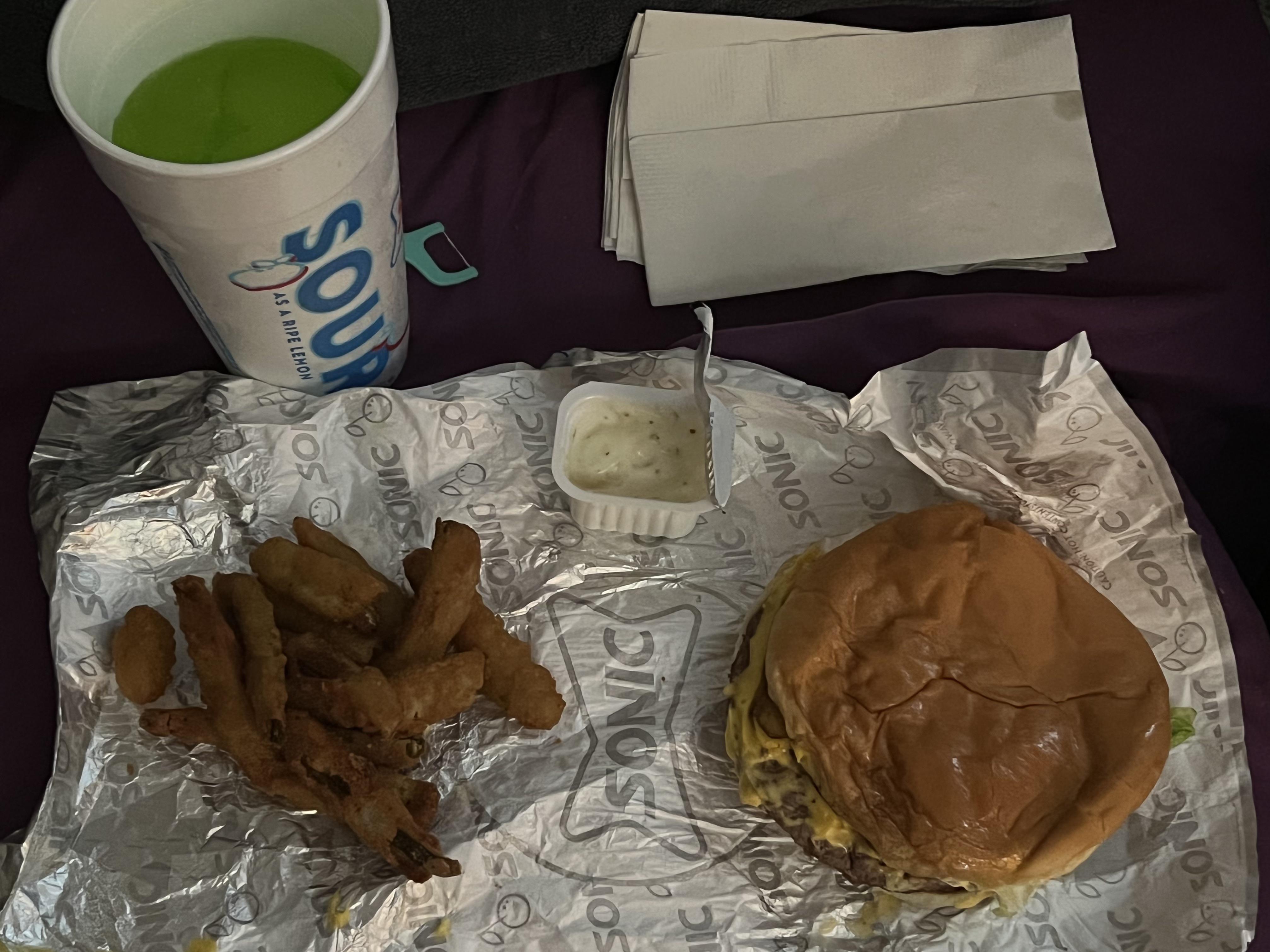 Big dill burger, pickle fries and a pickle juice slushy. God bless