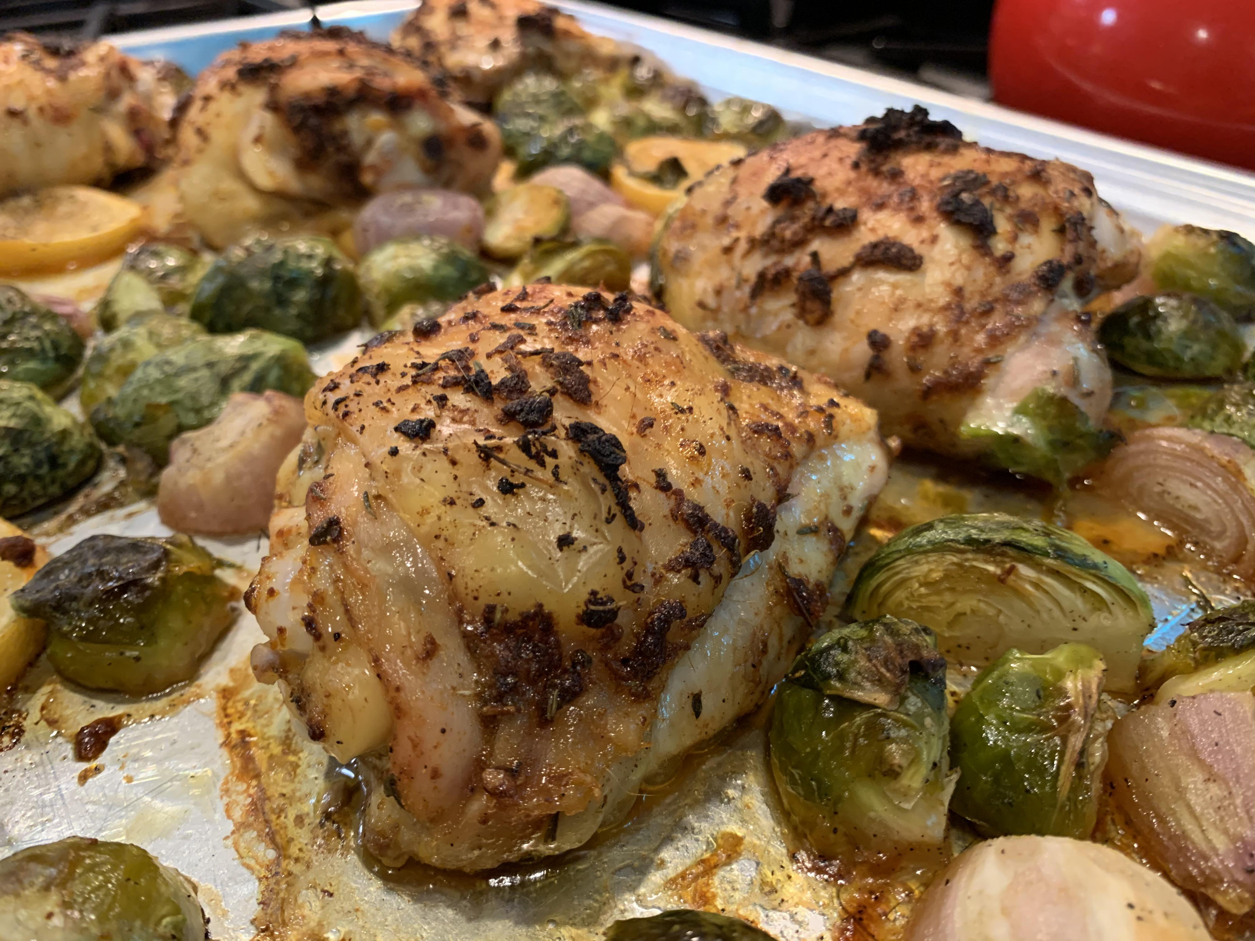 One pan meal Paprika and garlicrubbed chicken thighs with roasted