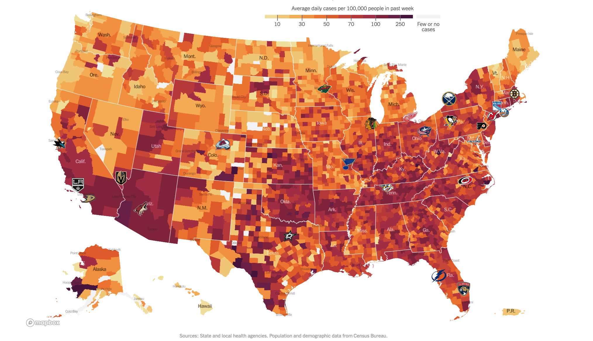 Map of US COVID case density and NHL teams r/fantasyhockey