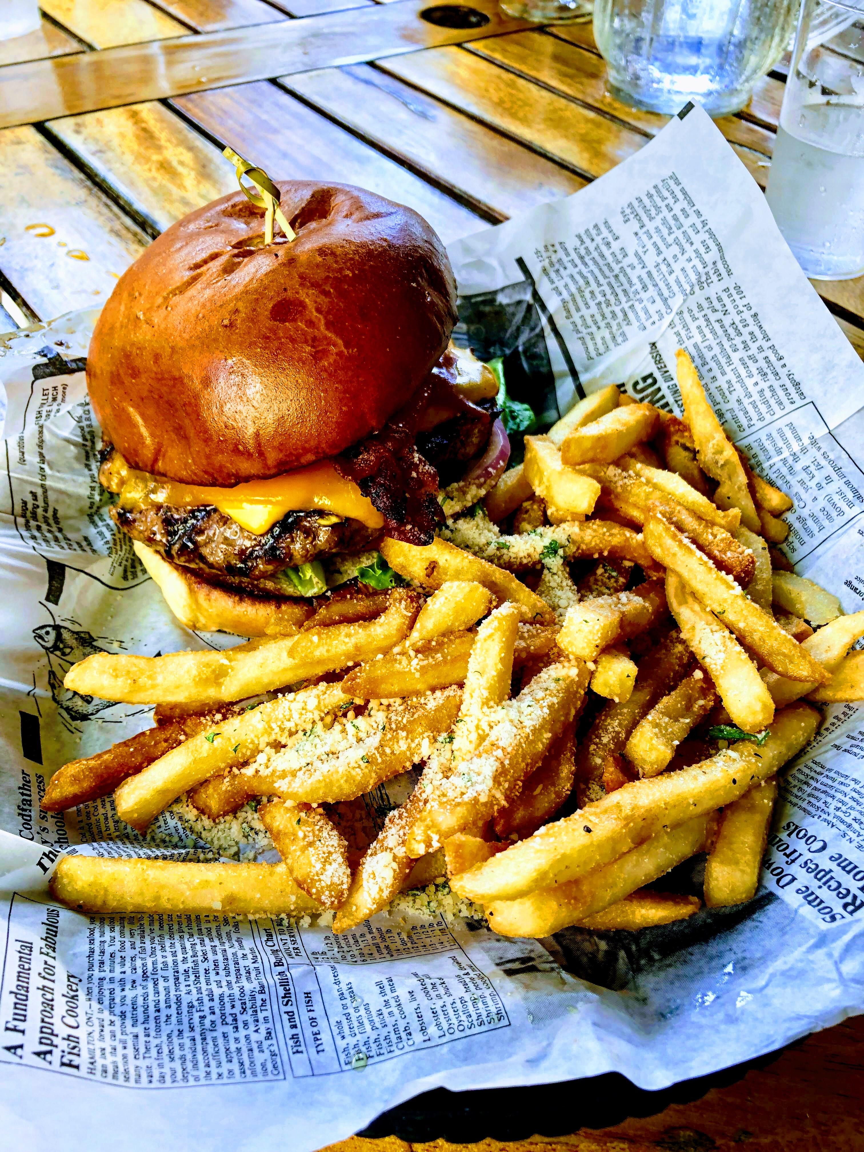 Bacon cheese burger with garlic Parmesan French fries r/FoodPorn