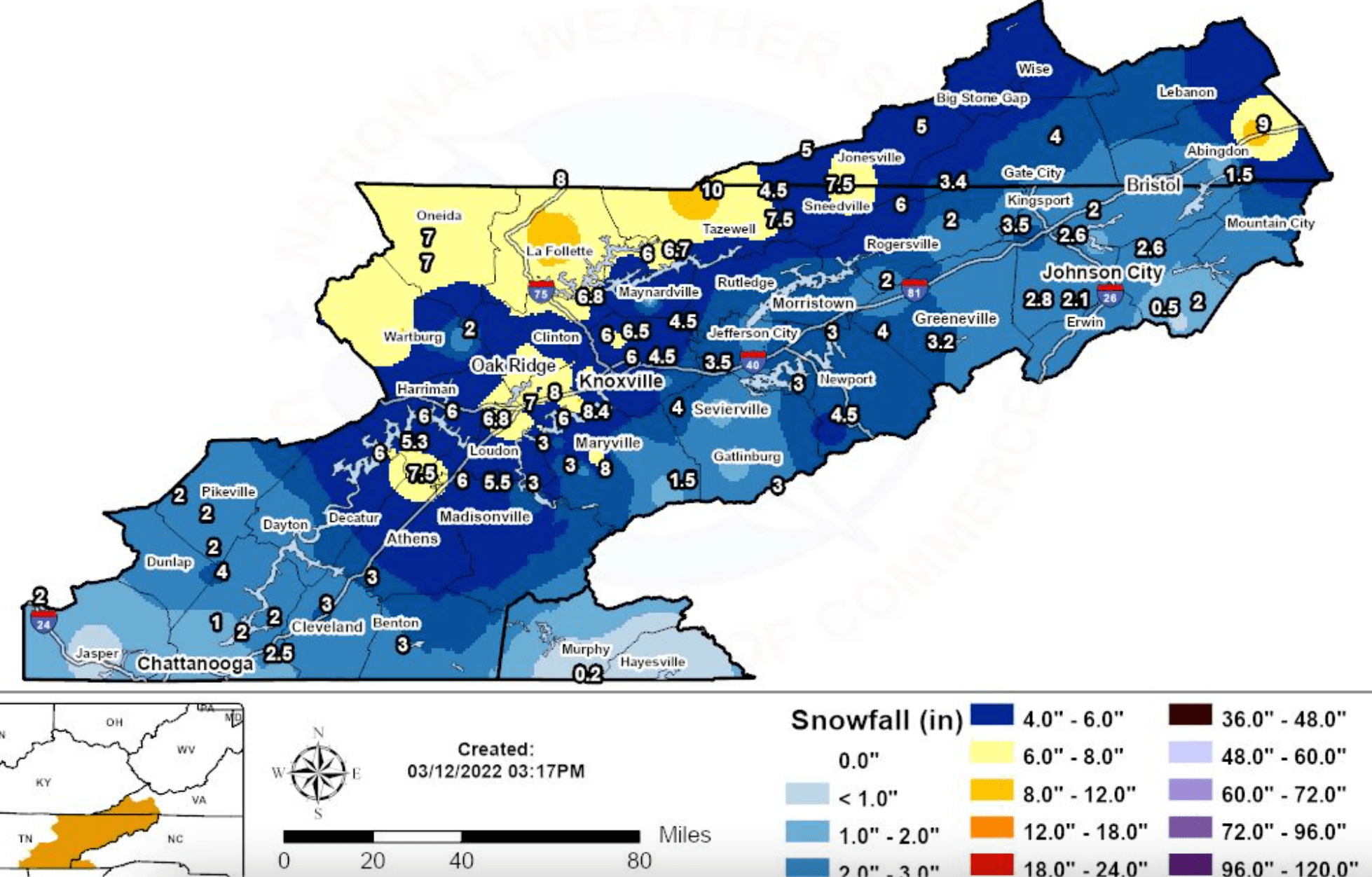 NWS Total Snowfall Map (unofficial) r/Knoxville