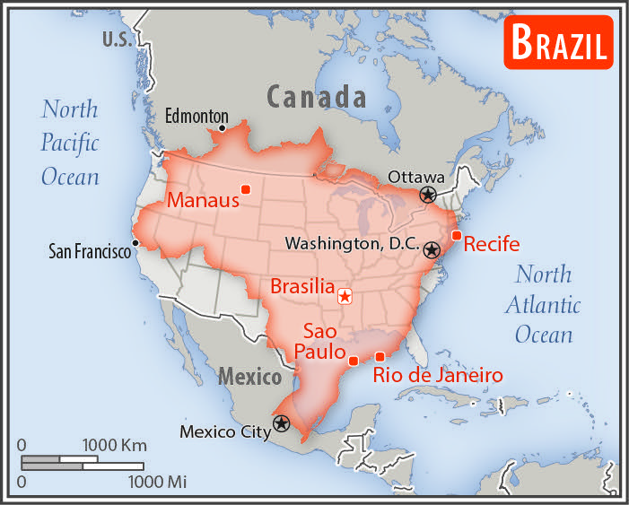 Size comparison between Brazil and continental US r/MapPorn