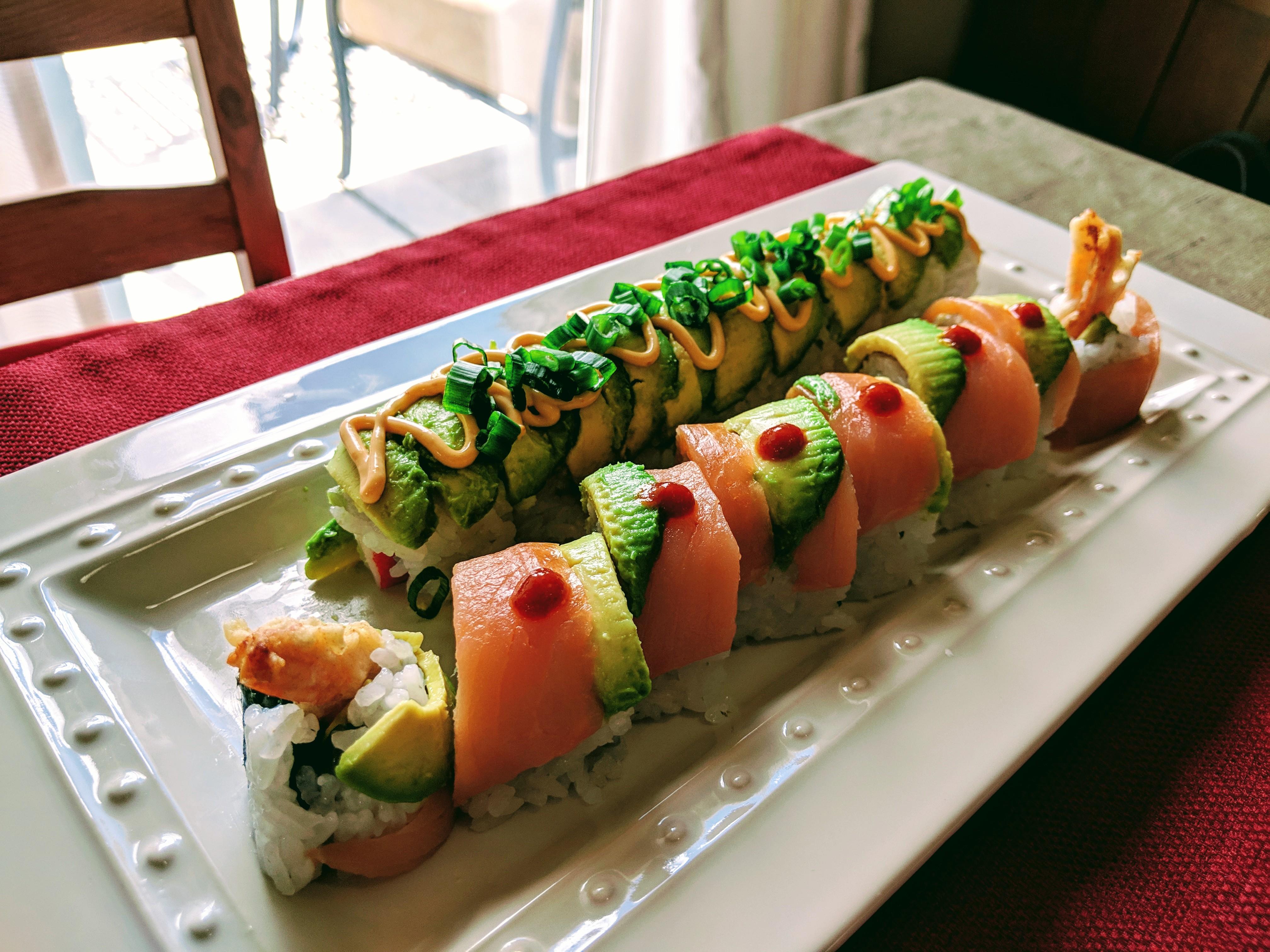 [Homemade] California and Tempura Shrimp with Smoked Salmon rolls r/food