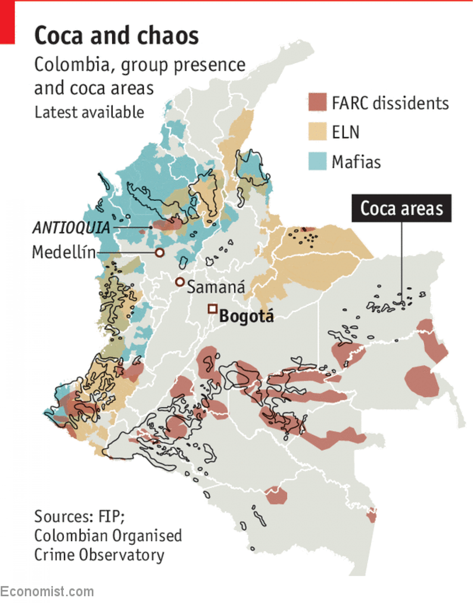 Map of Coca Growing Areas and Rebel Groups in Colombia (Courtesy of The